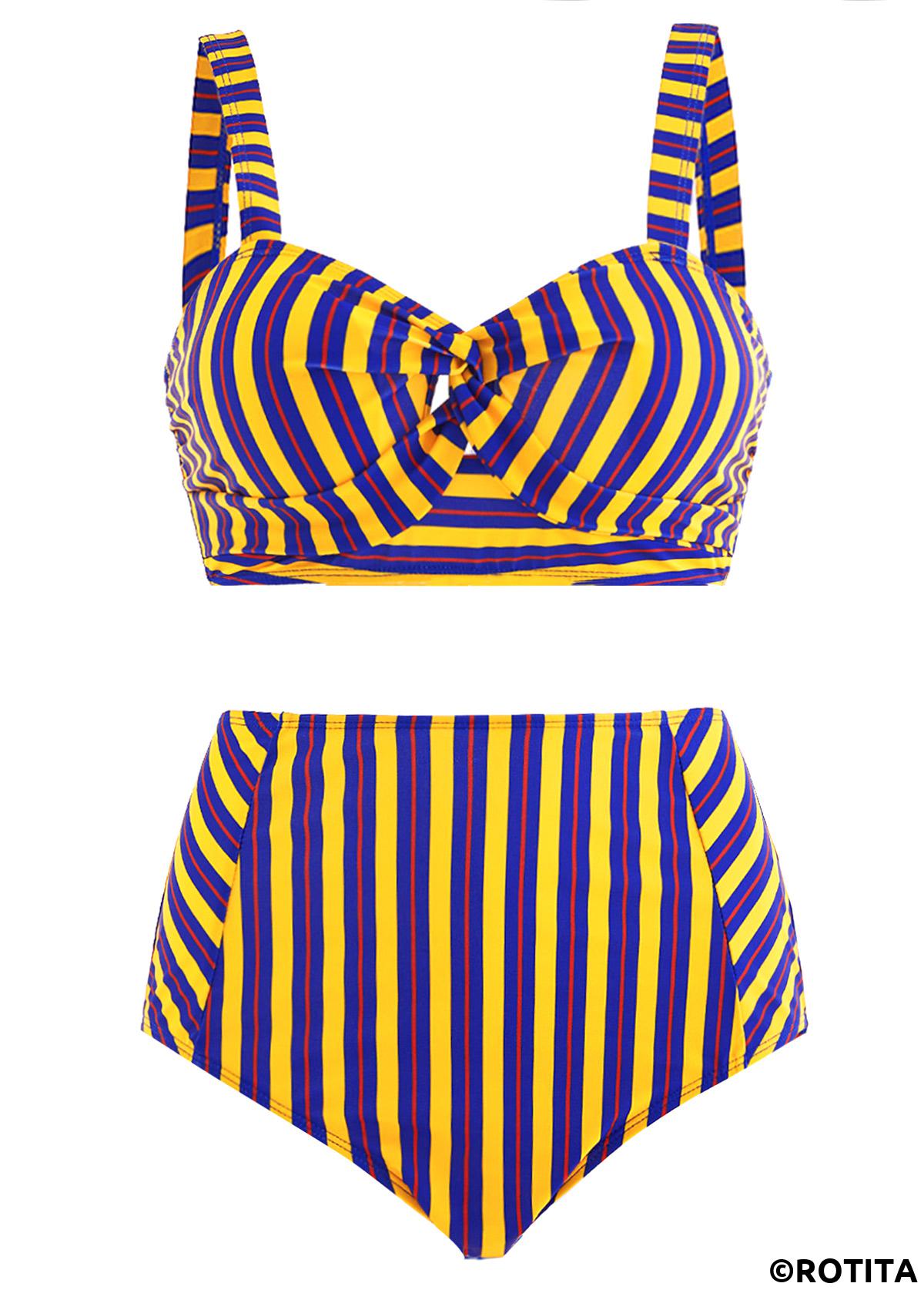 Rainbow Color swimwear,Striped swimwear,ROTITA High Waist Striped Cross Front Cutout Bikini Set