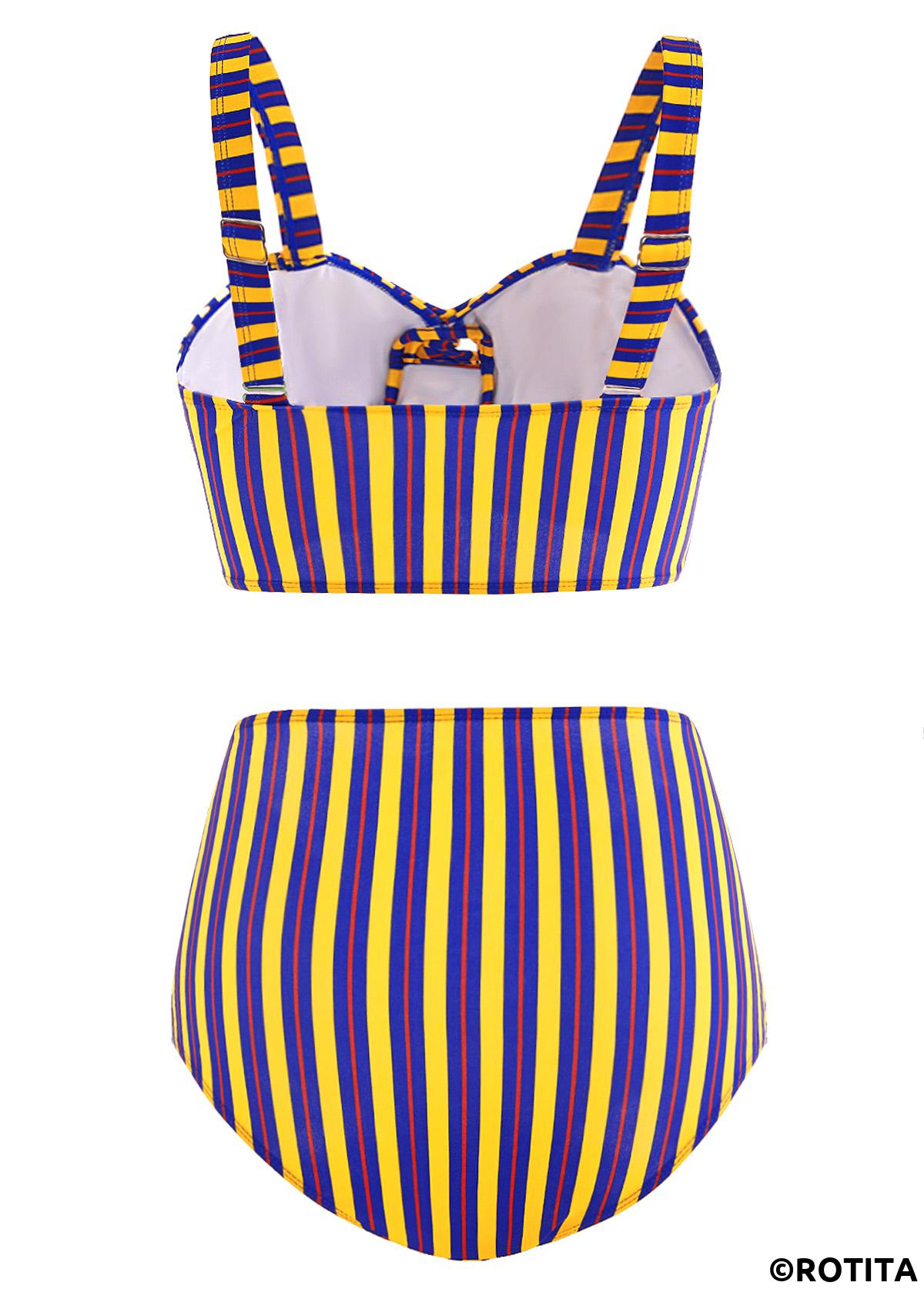 Rainbow Color swimwear,Striped swimwear,ROTITA High Waist Striped Cross Front Cutout Bikini Set