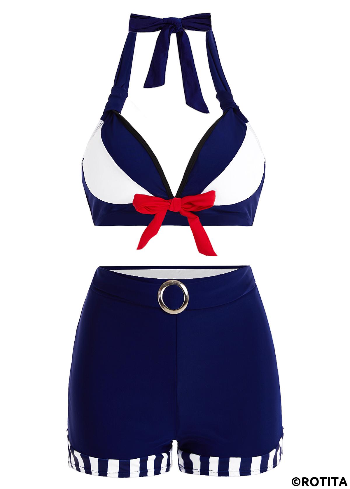 Navy swimwear,Striped swimwear,ROTITA High Waisted Navy Bowknot Bikini Set