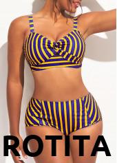 Rainbow Color swimwear,Striped swimwear,ROTITA High Waist Striped Cross Front Cutout Bikini Set