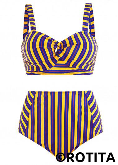 Rainbow Color swimwear,Striped swimwear,ROTITA High Waist Striped Cross Front Cutout Bikini Set