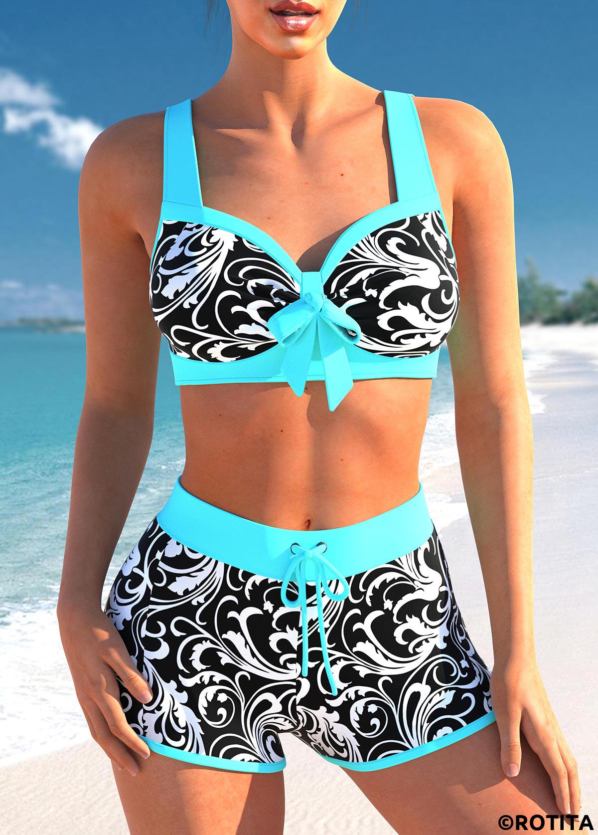 Cyan swimwear,Floral swimwear,ROTITA Contrast Stitch Floral Print Cyan Bikini Set