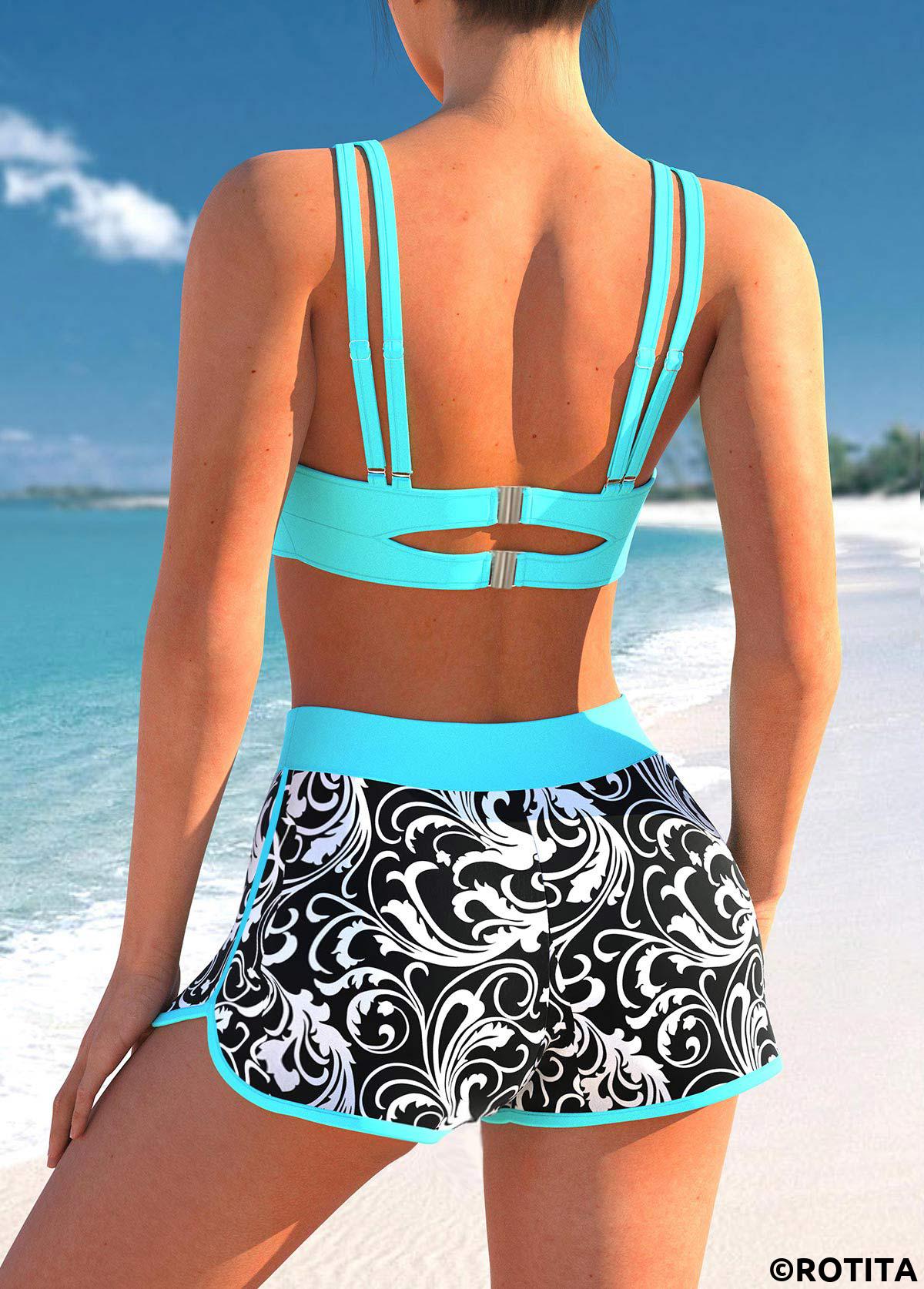 Cyan swimwear,Floral swimwear,ROTITA Contrast Stitch Floral Print Cyan Bikini Set