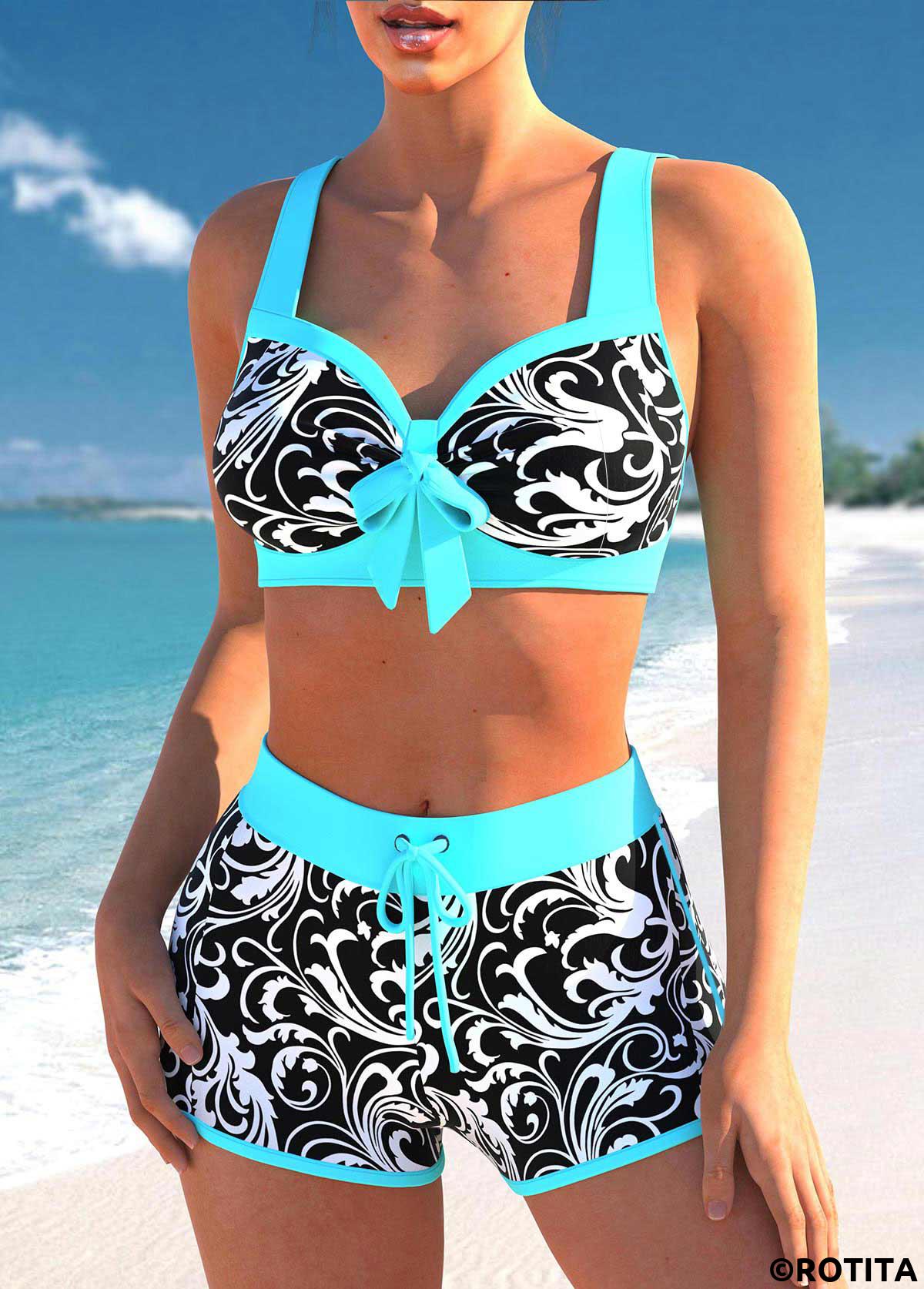 Cyan swimwear,Floral swimwear,ROTITA Contrast Stitch Floral Print Cyan Bikini Set