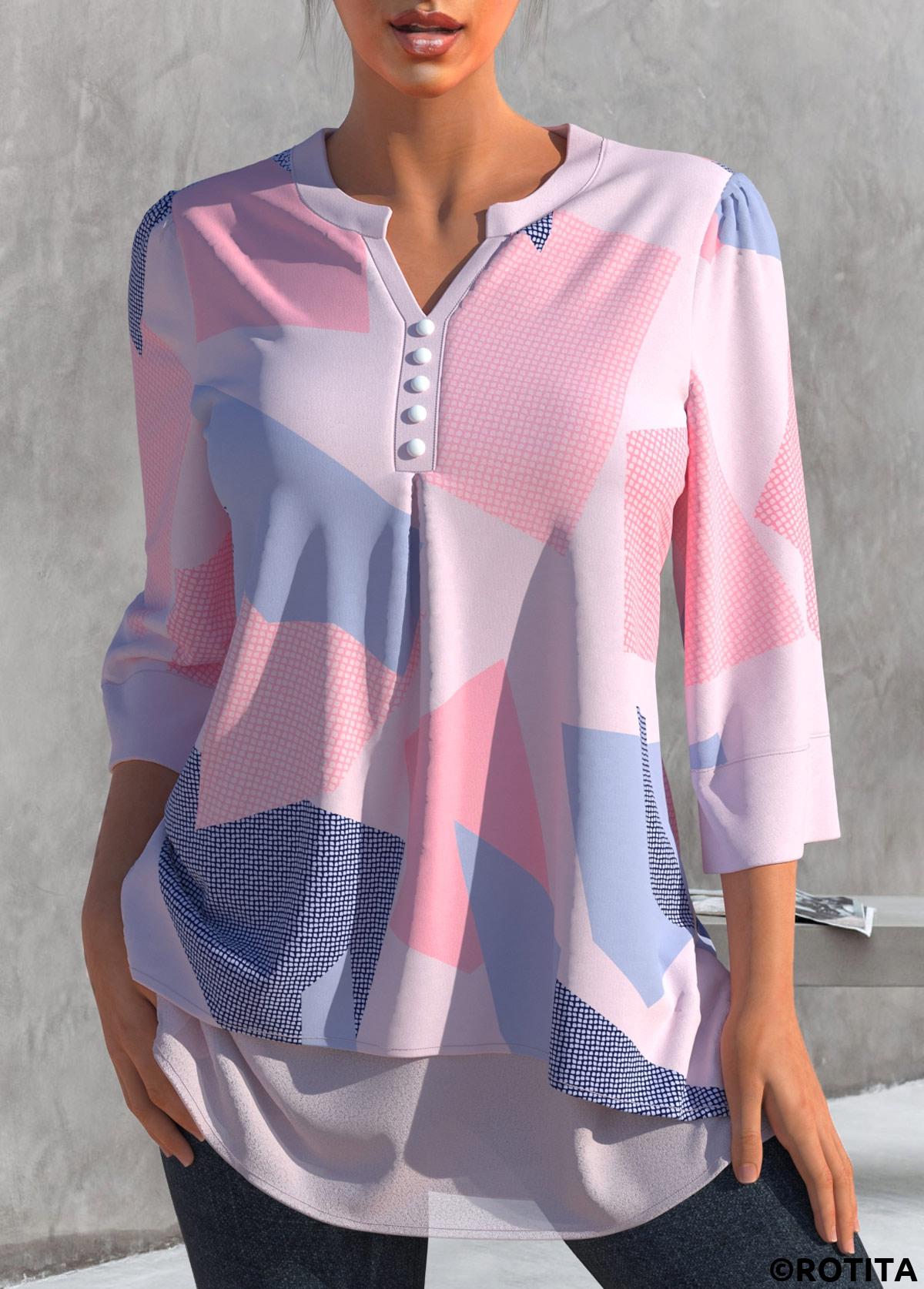 ROTITA Blouse rose clair à col fendu et imprimé géométrique