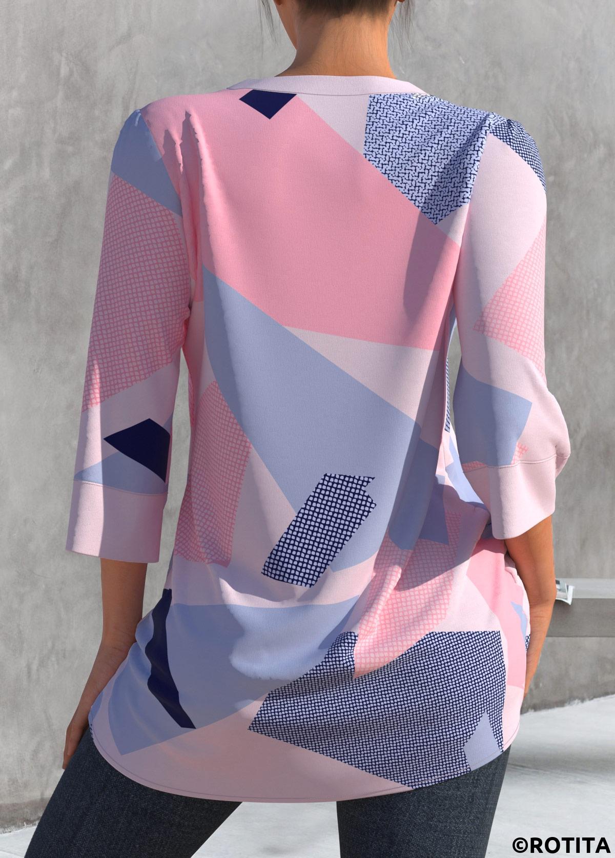ROTITA Blouse rose clair à col fendu et imprimé géométrique