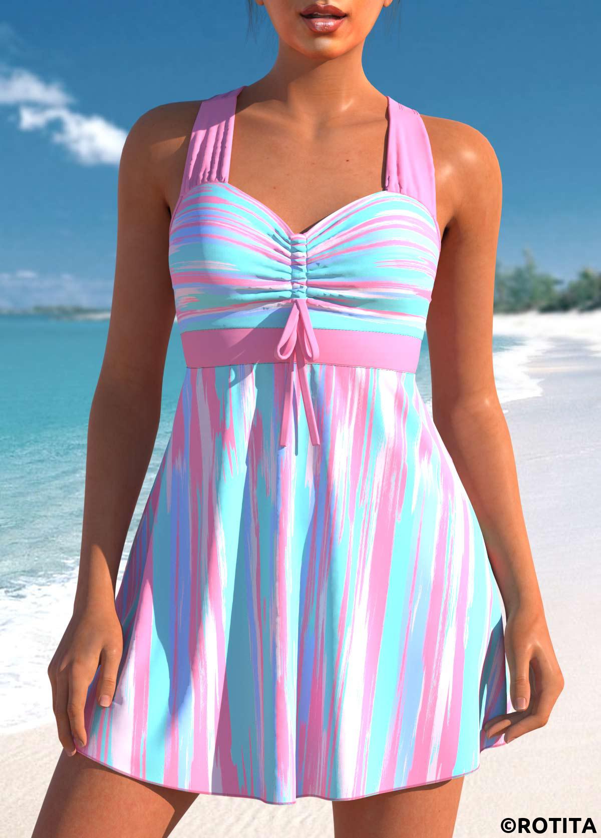 Light Pink swimwear,Striped swimwear,ROTITA Graffiti Print Striped Light Pink Swimdress Top