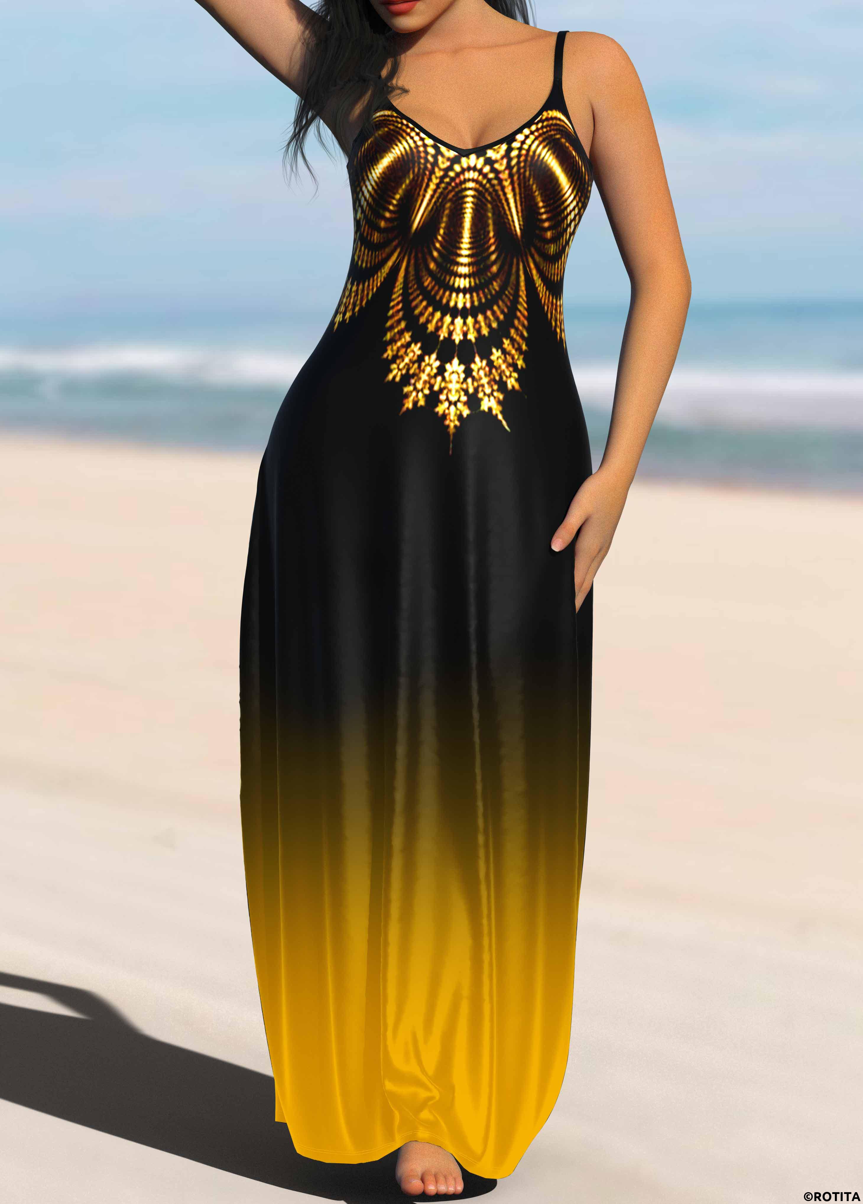 Yellow dresses,Ombre dresses,Vacation dresses,Vacation dresses,ROTITA Ombre Yellow Spaghetti Strap Maxi Dress