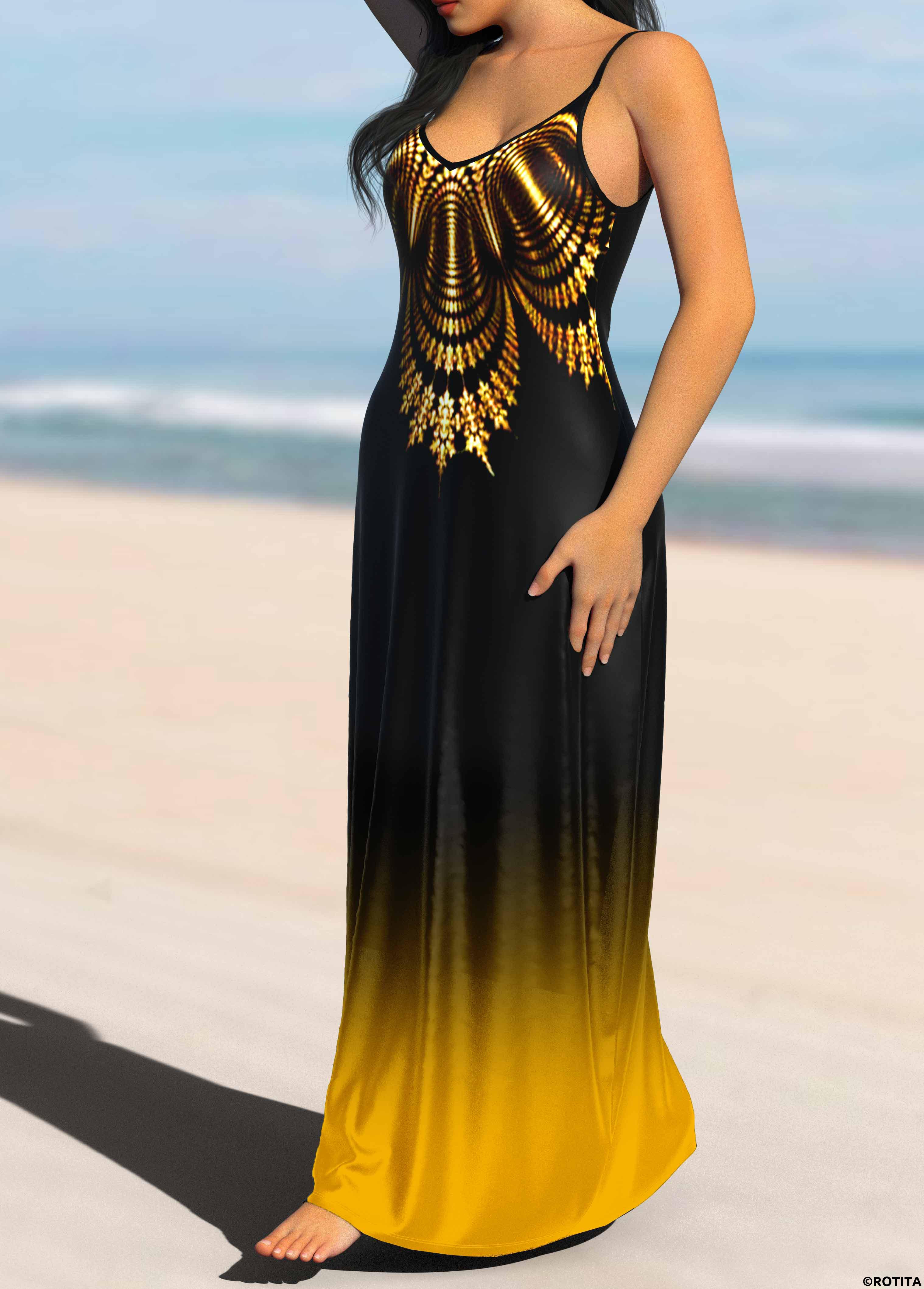 Yellow dresses,Ombre dresses,Vacation dresses,Vacation dresses,ROTITA Ombre Yellow Spaghetti Strap Maxi Dress