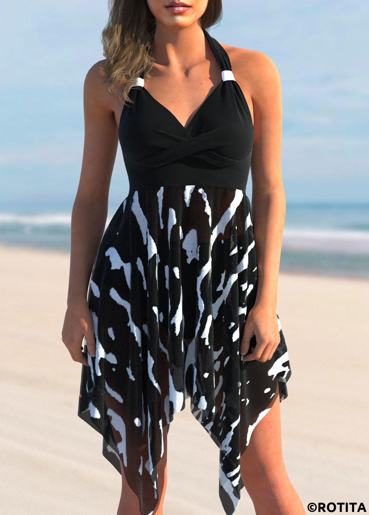 Striped swimwear,ROTITA Asymmetric Hem Brushstroke Print Color Block Swimdress Top