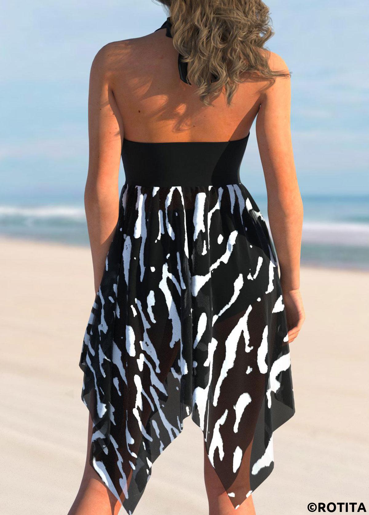 Striped swimwear,ROTITA Asymmetric Hem Brushstroke Print Color Block Swimdress Top