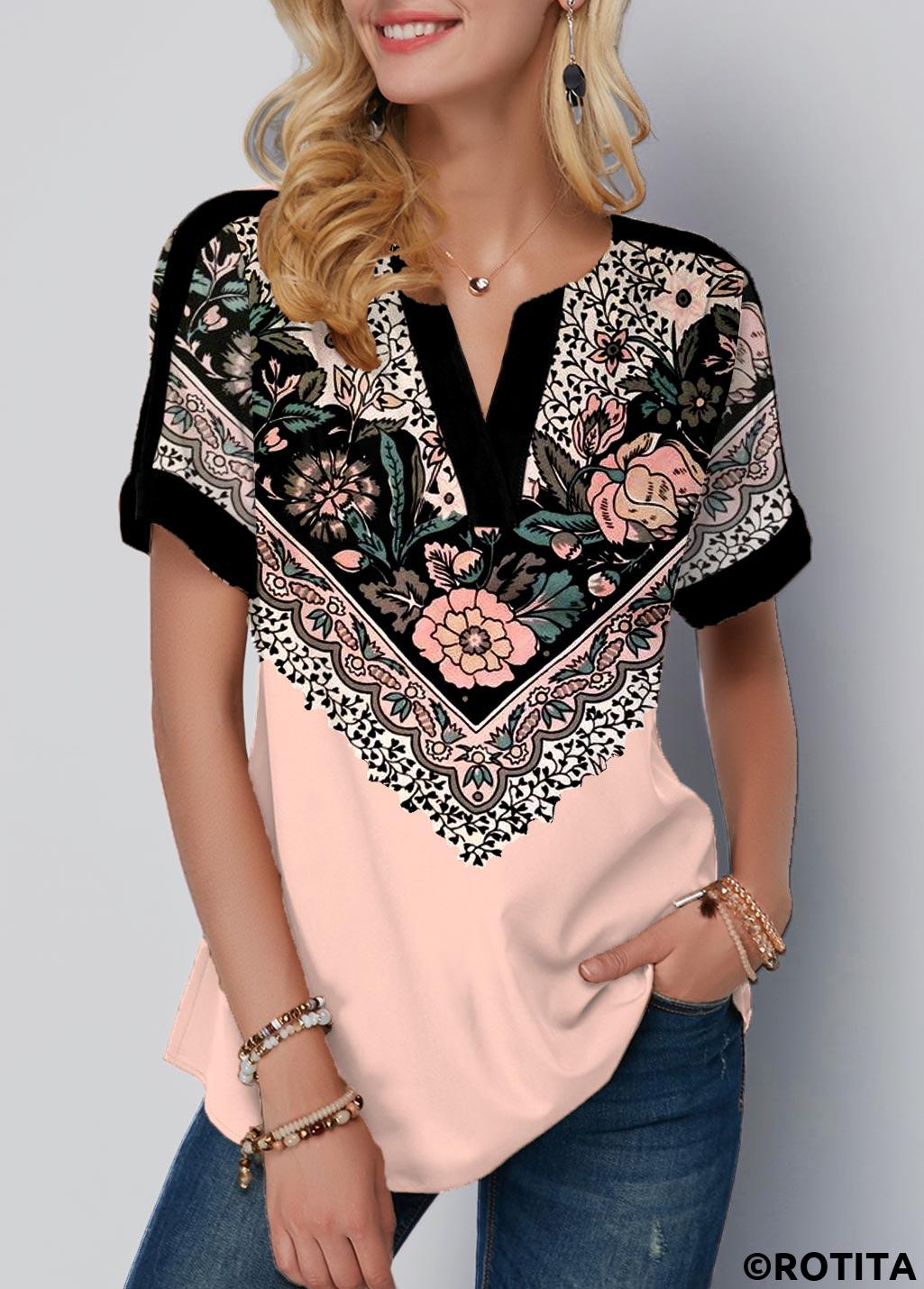 Light Pink tops,Floral tops,ROTITA Floral Print Light Pink Split Neck T Shirt