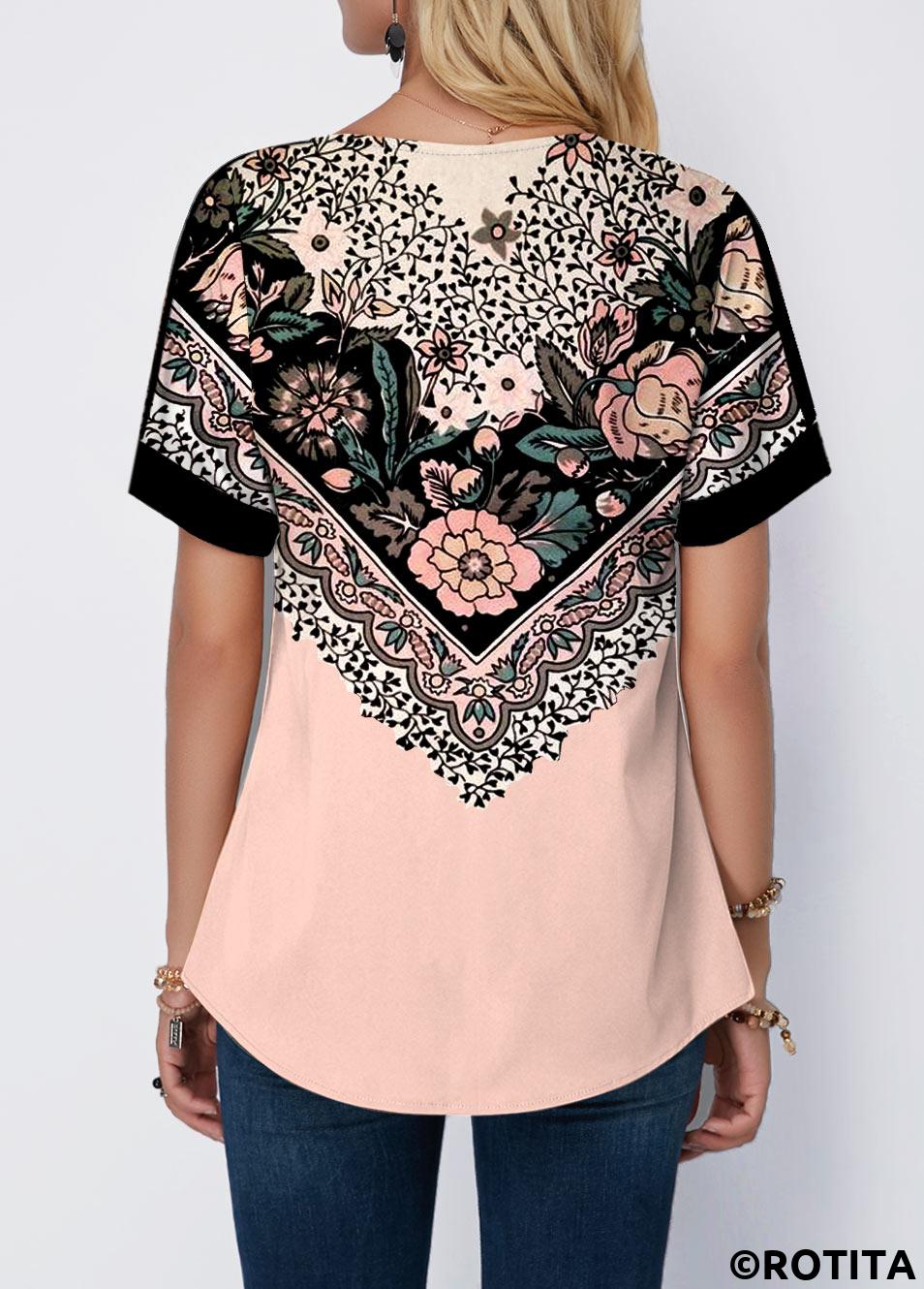 Light Pink tops,Floral tops,ROTITA Floral Print Light Pink Split Neck T Shirt