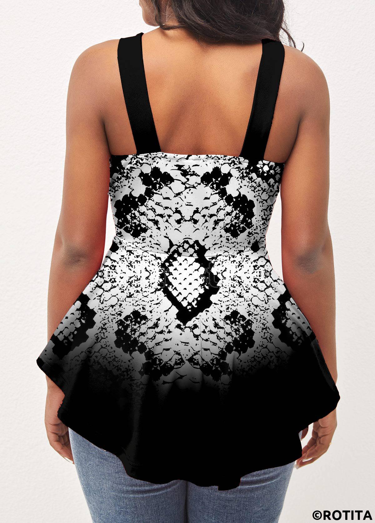 Black tops,Animal Print tops,ROTITA Animal Pattern Ombre Asymmetric Hem Black T Shirt