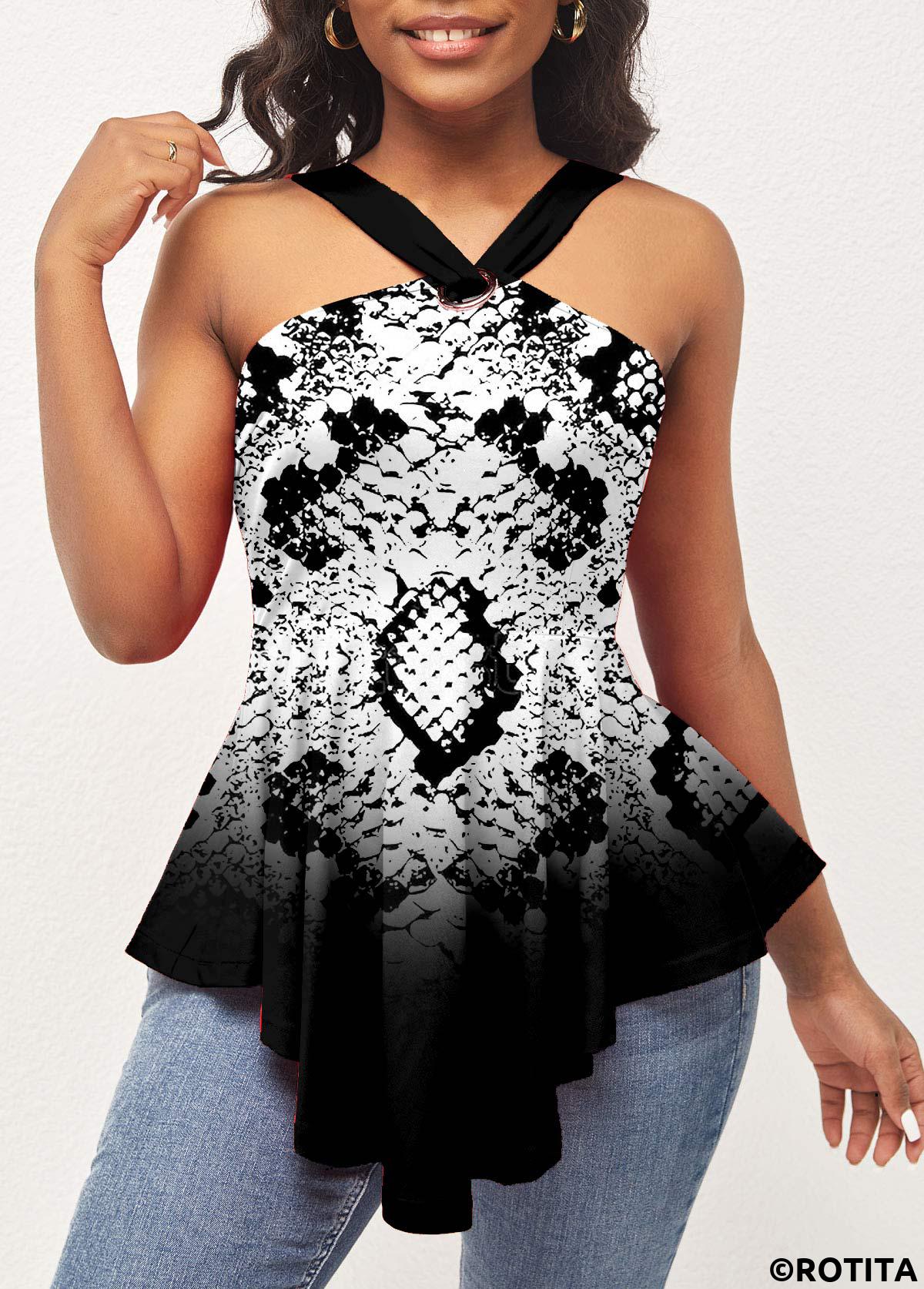 Black tops,Animal Print tops,ROTITA Animal Pattern Ombre Asymmetric Hem Black T Shirt