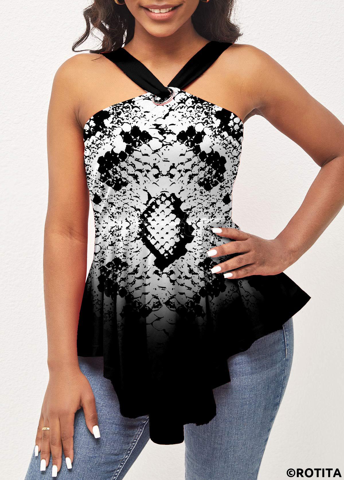 Black tops,Animal Print tops,ROTITA Animal Pattern Ombre Asymmetric Hem Black T Shirt