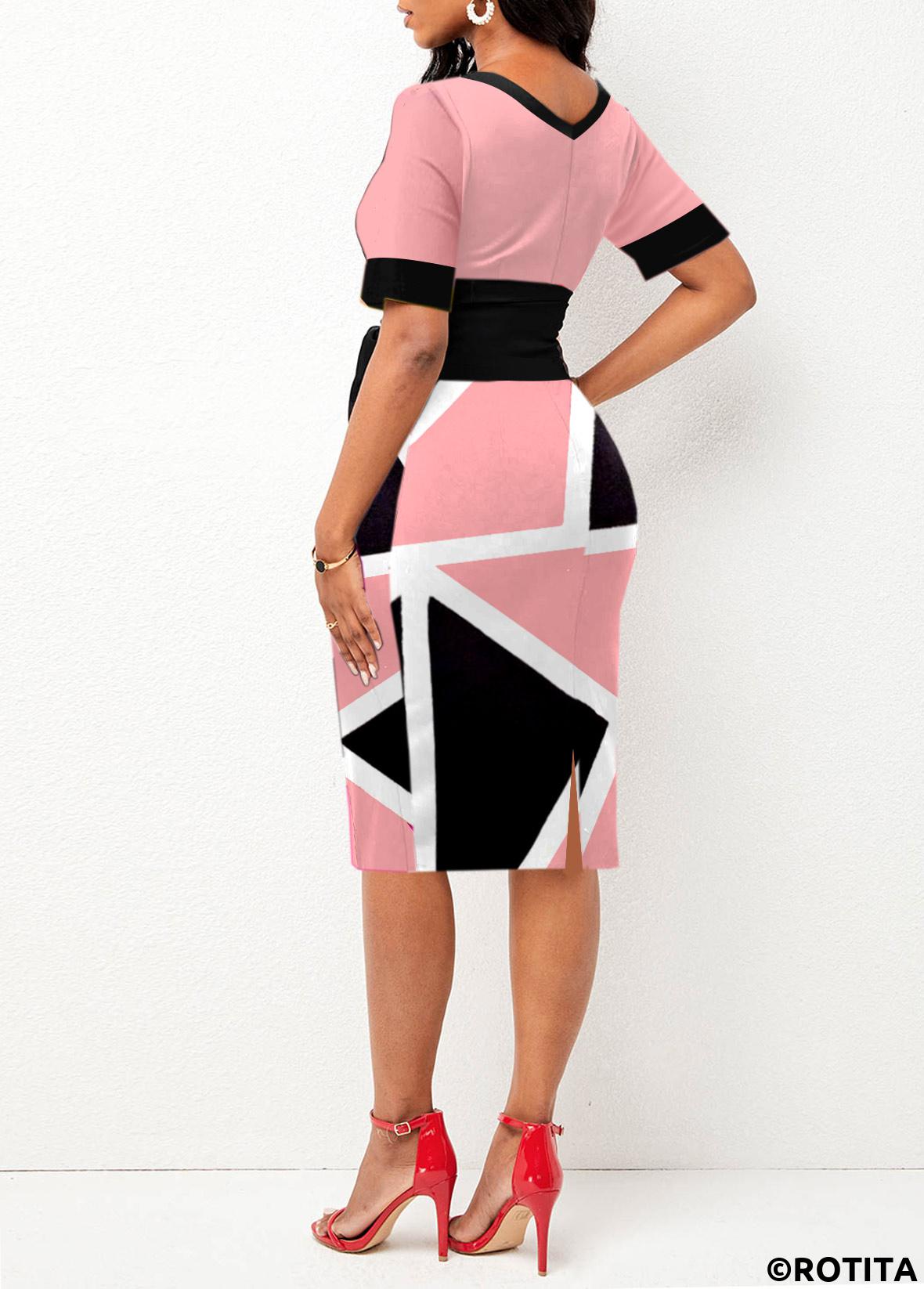 Pink dresses,Geometric dresses,Wear to Work dresses,Work dresses,ROTITA Tie Front Pink Geometric Print Short Sleeve Dress