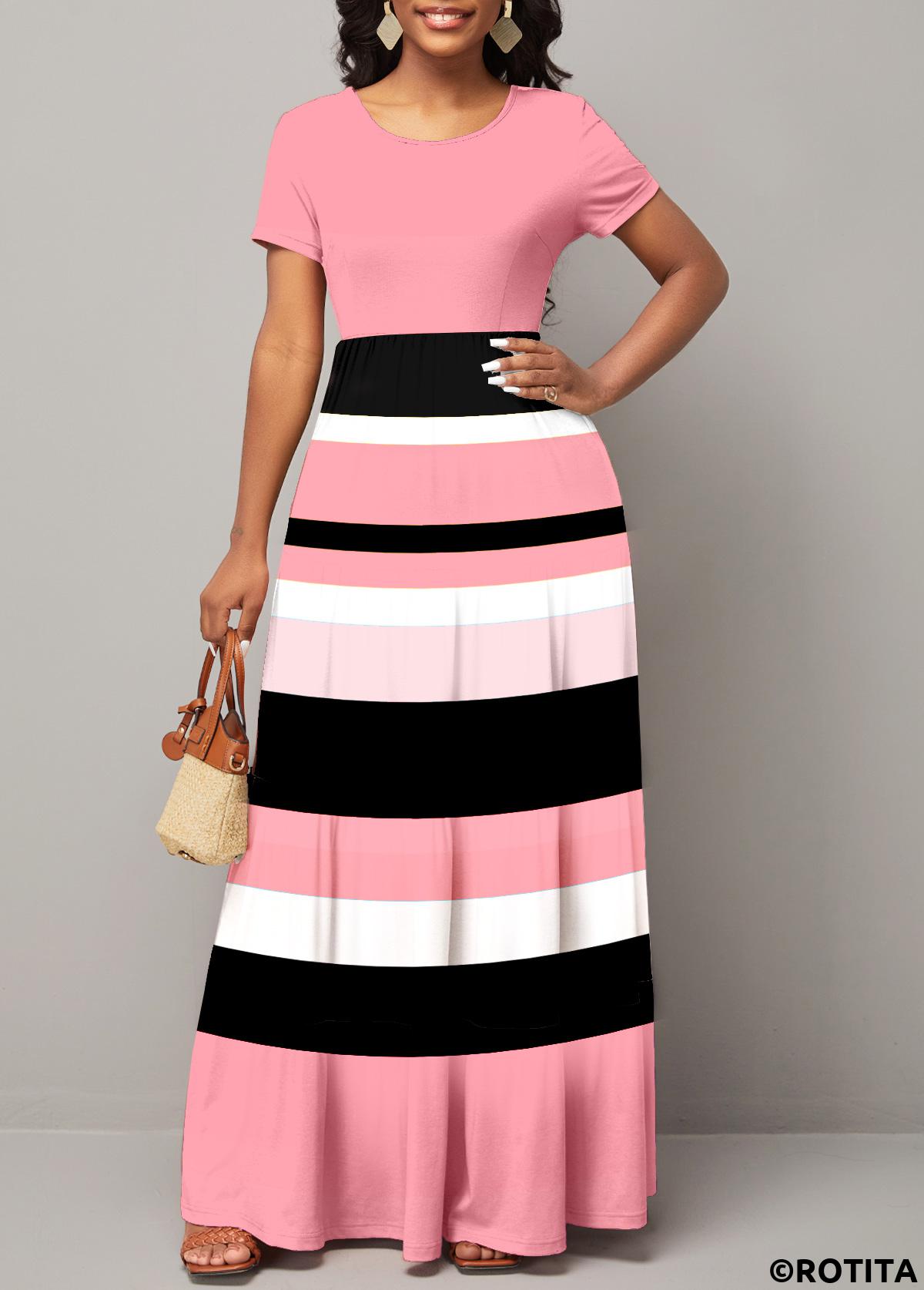 Pink dresses,Striped dresses,Party dresses,Elegant dresses,ROTITA Pink Striped Round Neck Short Sleeve Maxi Dress