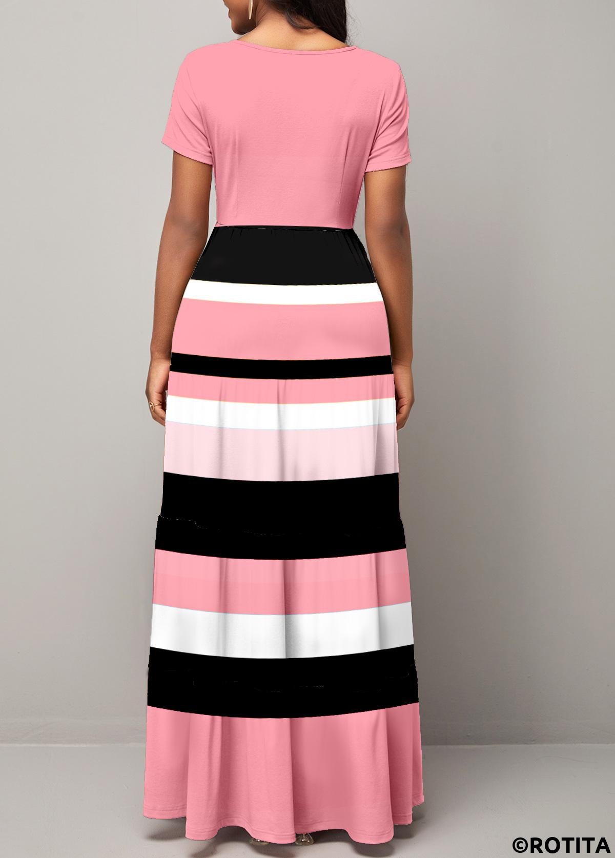 Pink dresses,Striped dresses,Party dresses,Elegant dresses,ROTITA Pink Striped Round Neck Short Sleeve Maxi Dress