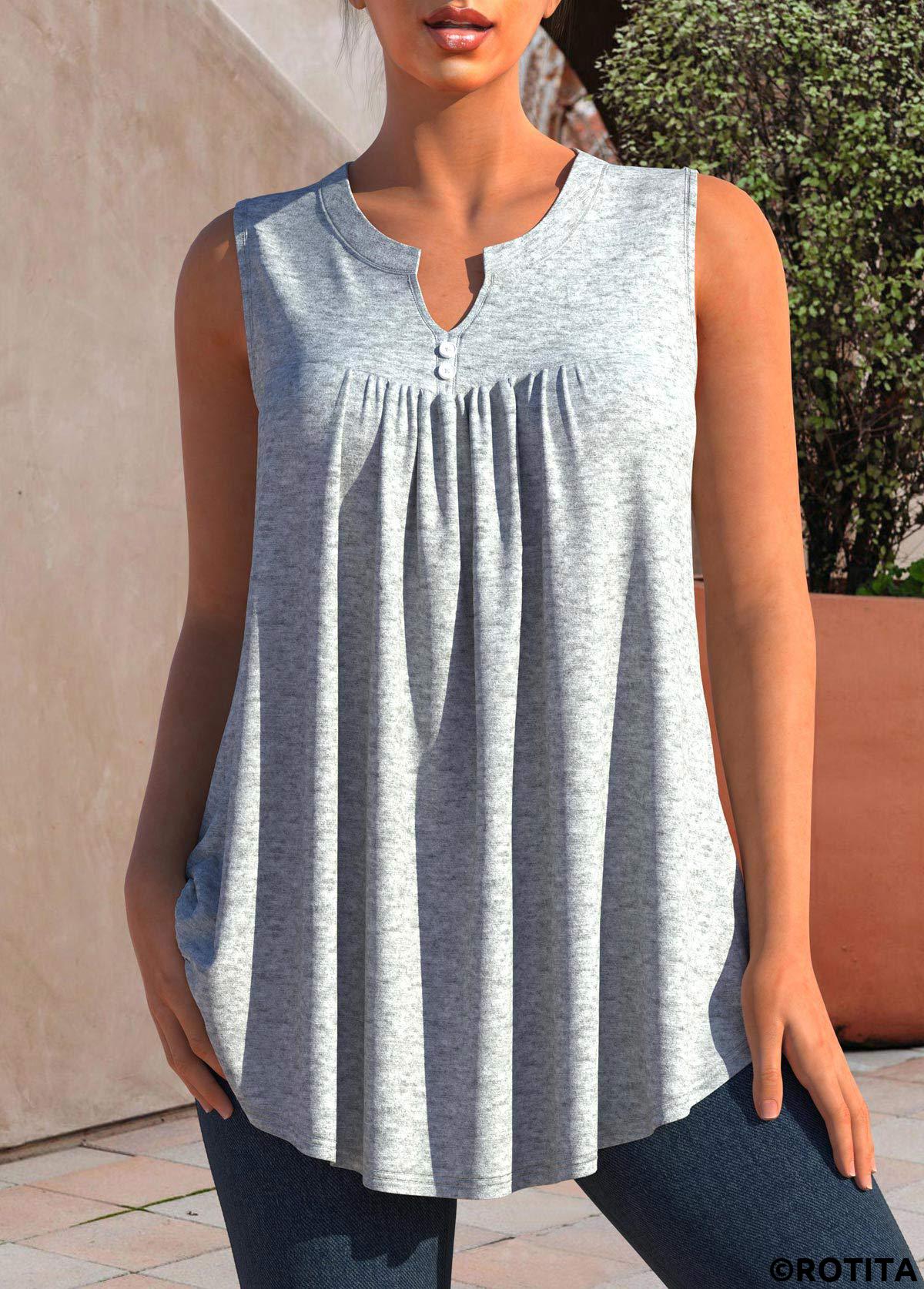 Plain Color tops,ROTITA Grey Marl Split Neck Decorative Button Tank Top