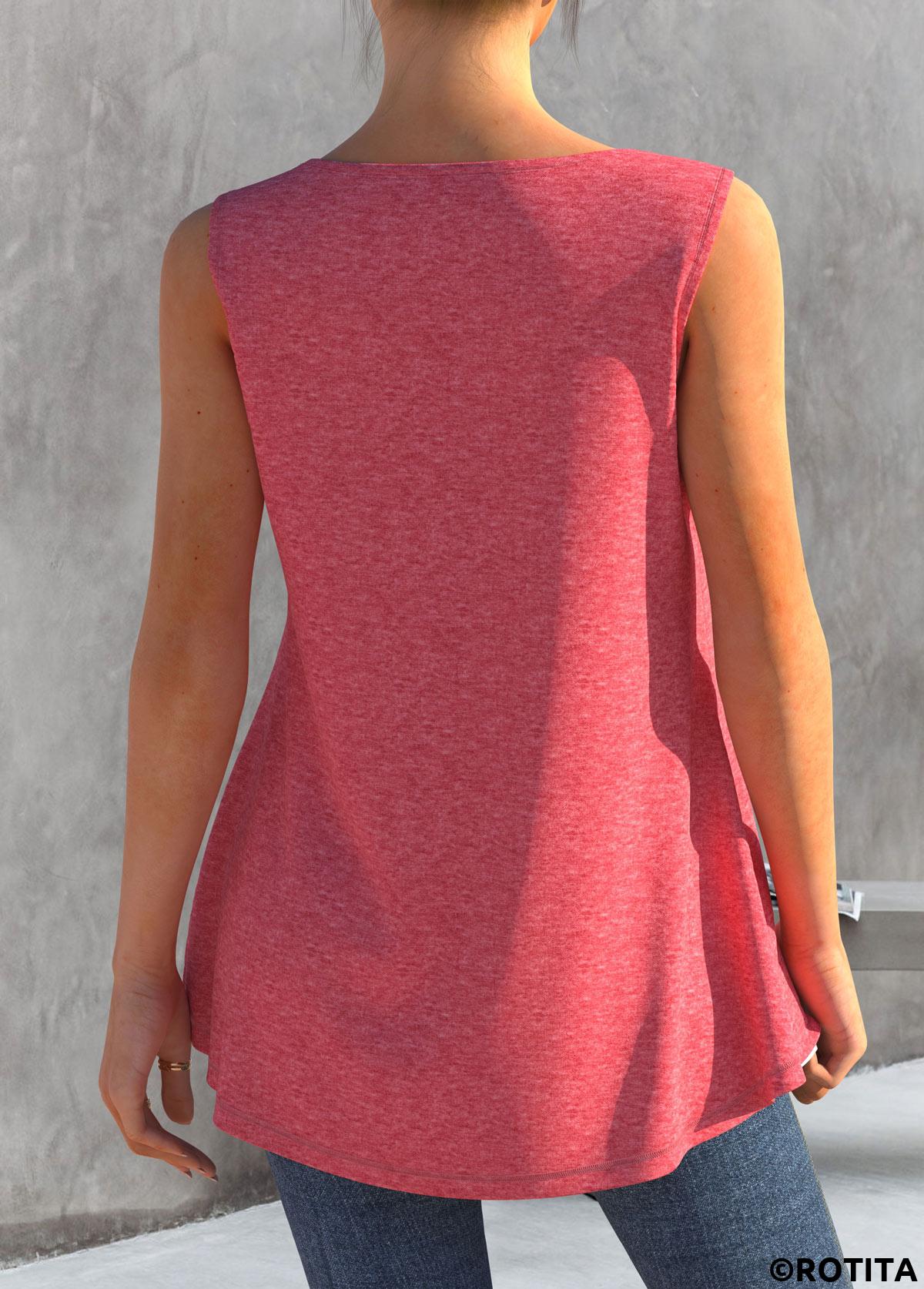 Pink tops,Contrast Color tops,ROTITA Faux Two Piece Pink Decorative Button Tank Top