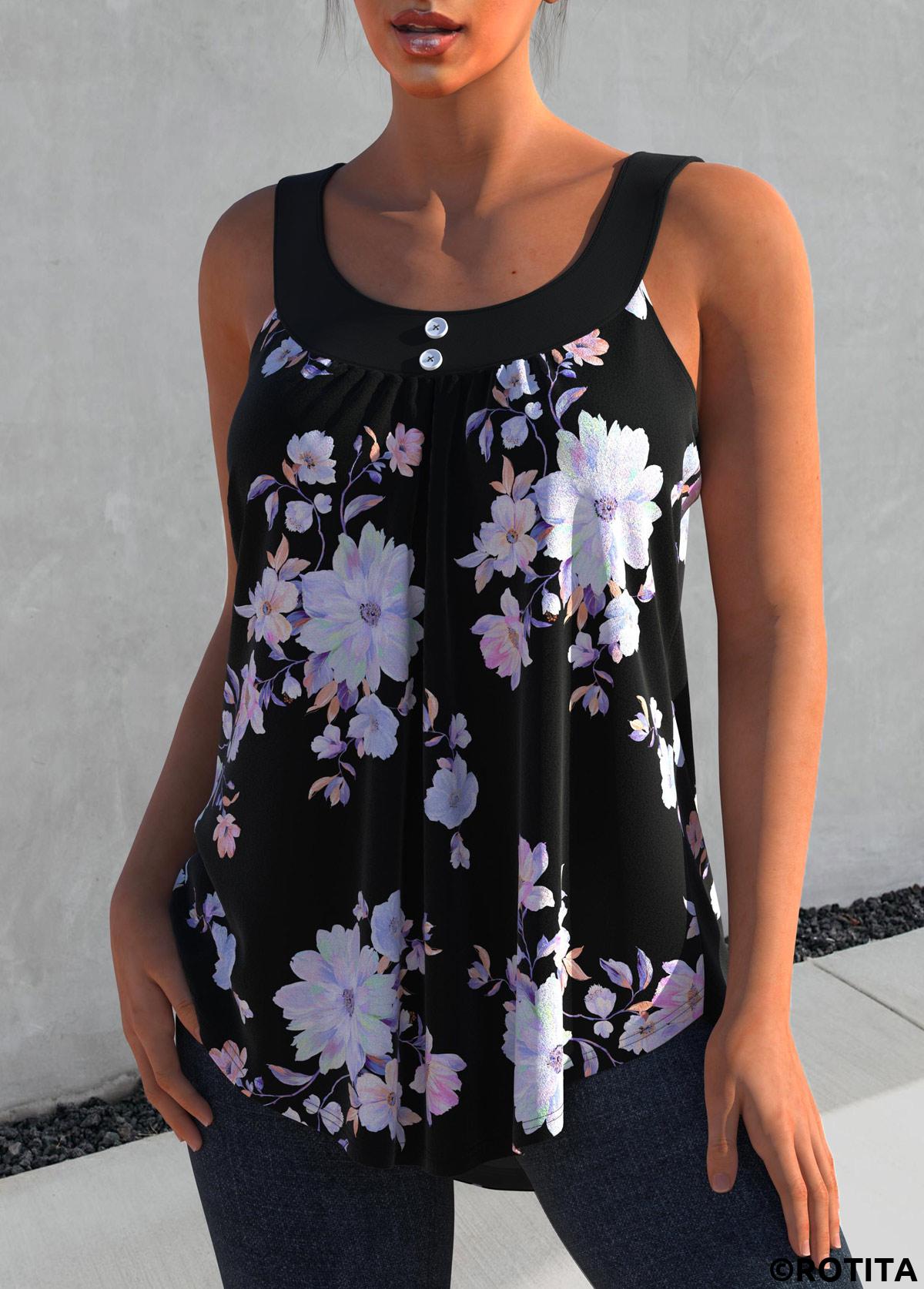 Black tops,Ditsy Floral tops,ROTITA Floral Print Decorative Button Black Tank Top