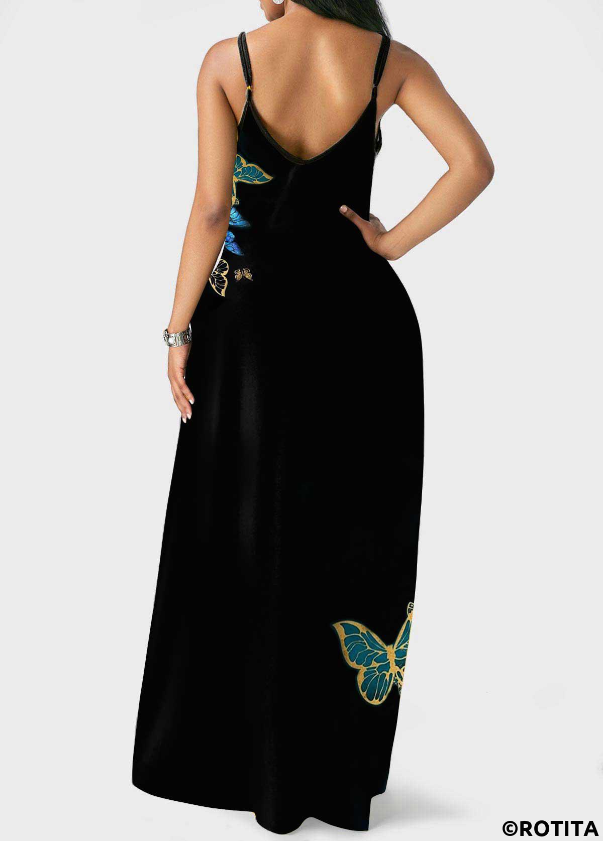 Black dresses,Animal Print dresses,Vacation dresses,Vacation dresses,ROTITA Butterfly Print Black Spaghetti Strap Dress