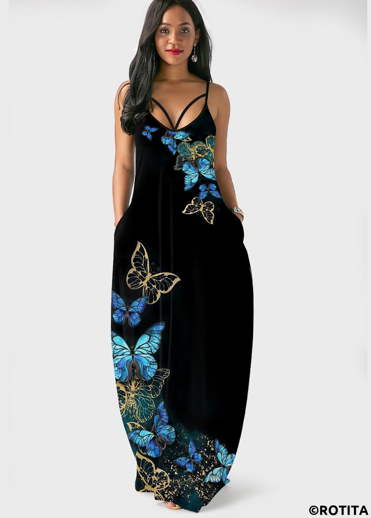 Black dresses,Animal Print dresses,Vacation dresses,Vacation dresses,ROTITA Butterfly Print Black Spaghetti Strap Dress