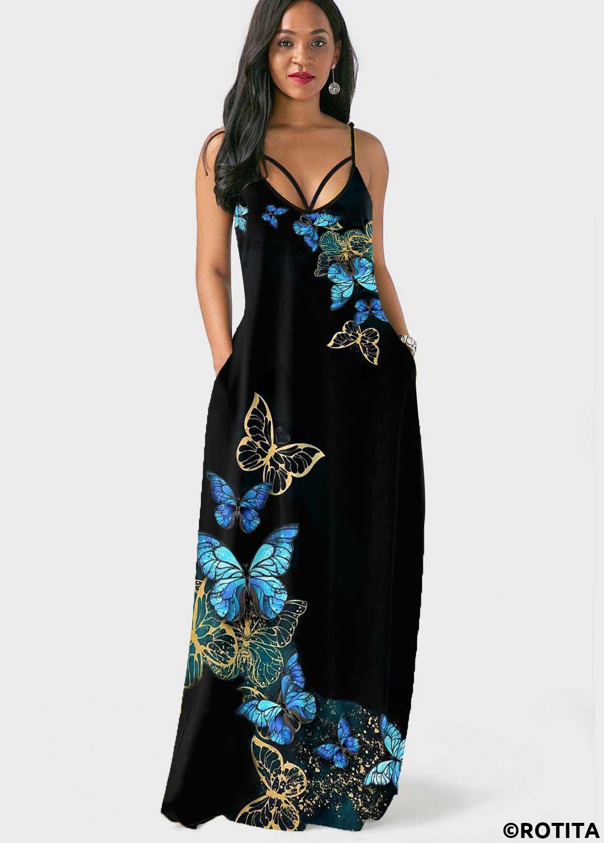 Black dresses,Animal Print dresses,Vacation dresses,Vacation dresses,ROTITA Butterfly Print Black Spaghetti Strap Dress