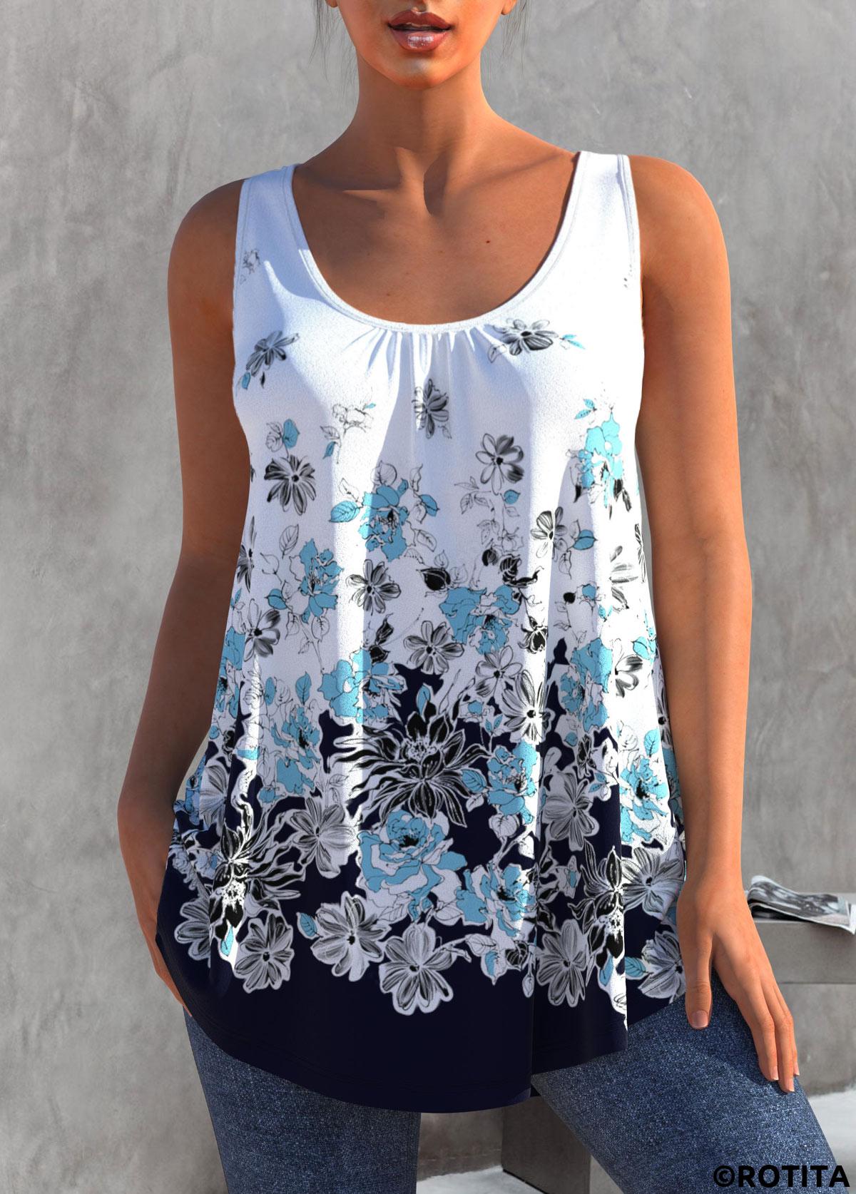White tops,Floral tops,ROTITA White Floral Print Round Neck Tank Top
