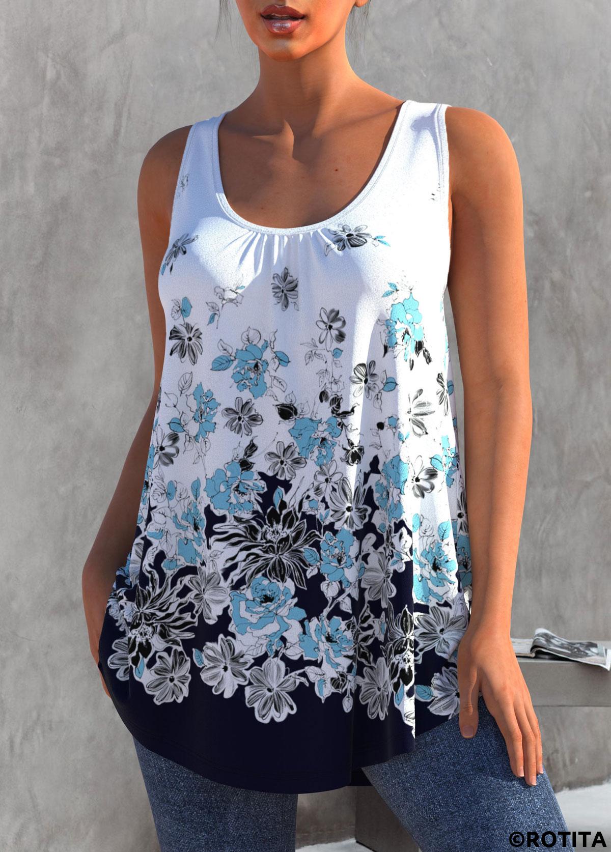 White tops,Floral tops,ROTITA White Floral Print Round Neck Tank Top