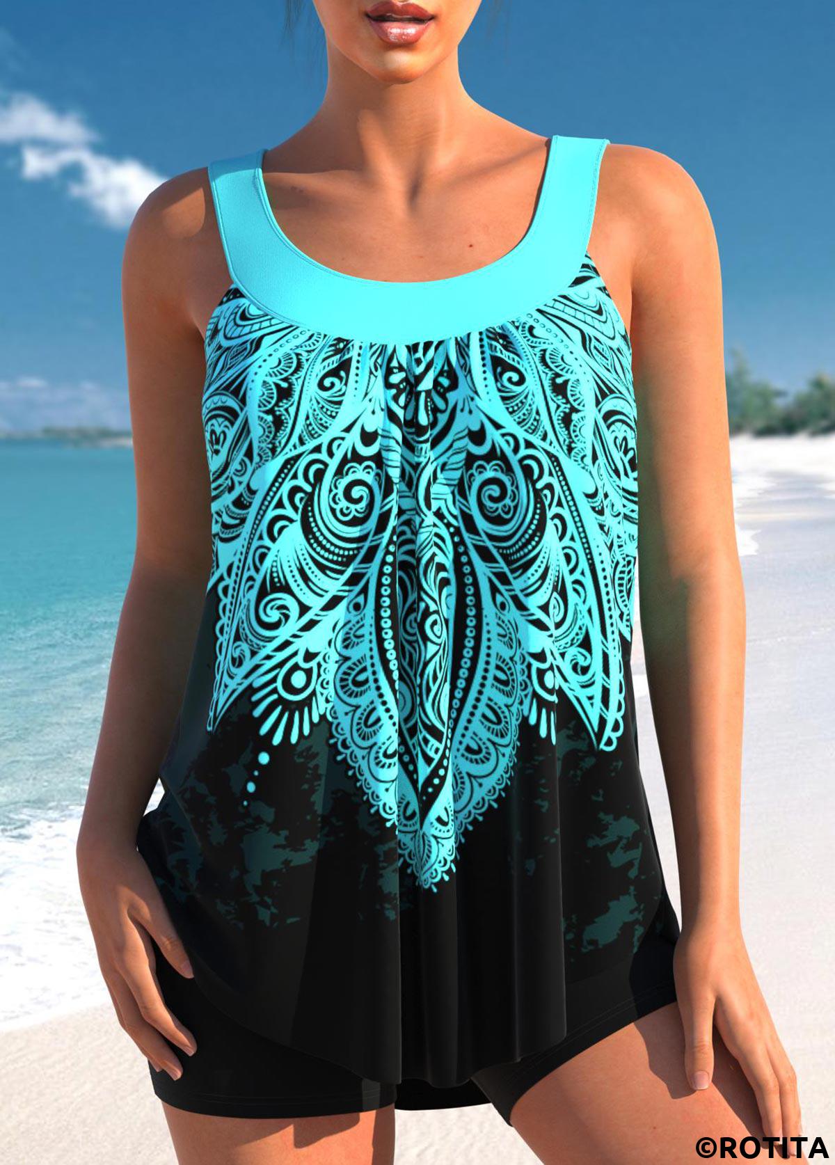 Cyan swimwear,Plants swimwear,ROTITA Tribal Print Cyan Wide Strap Tankini Top