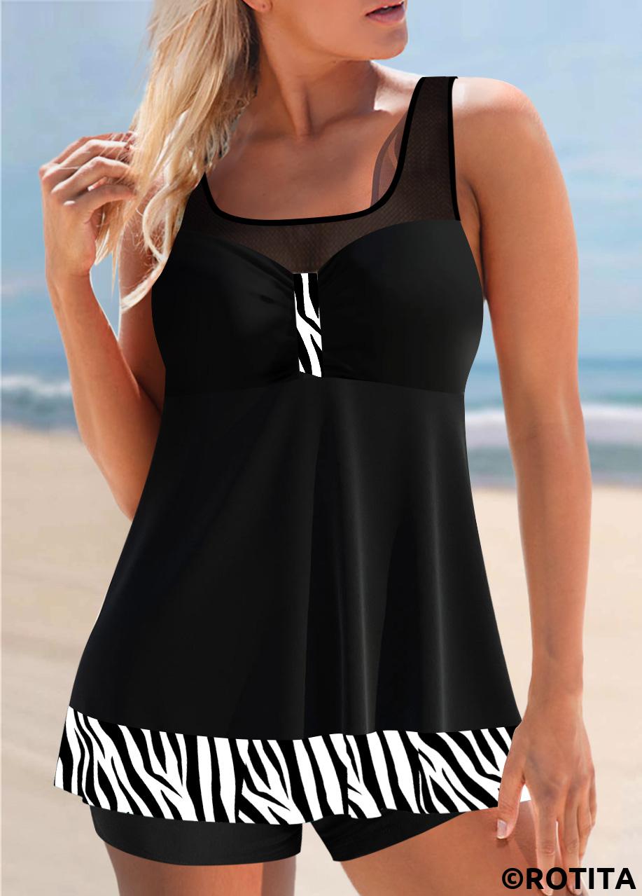 Black swimwear,Animal Print swimwear,ROTITA Zebra Print Black Mesh Stitching Tankini Top