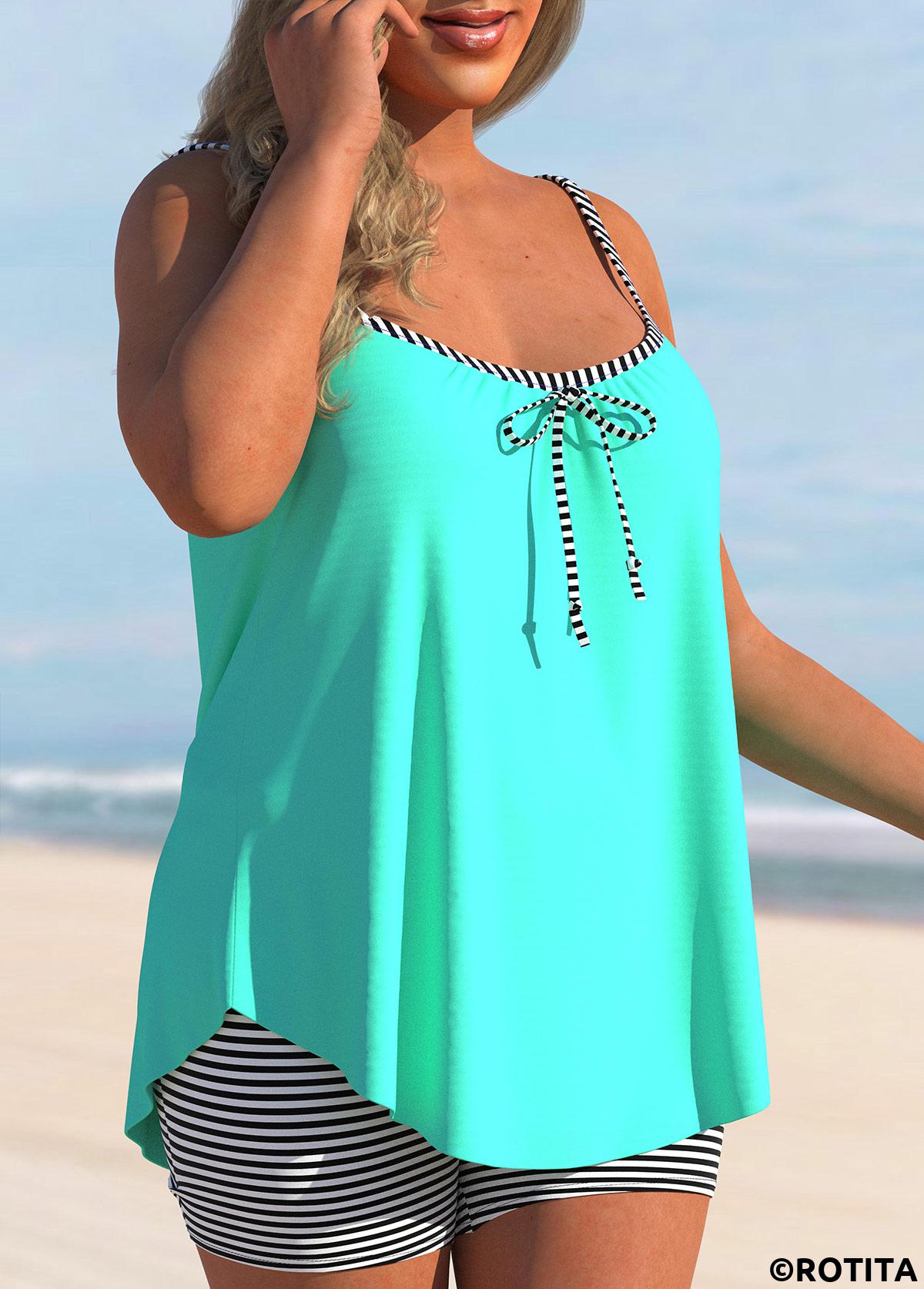 Cyan plus size,Striped plus size,ROTITA Plus Size Bowknot Cyan Striped Tankini Set
