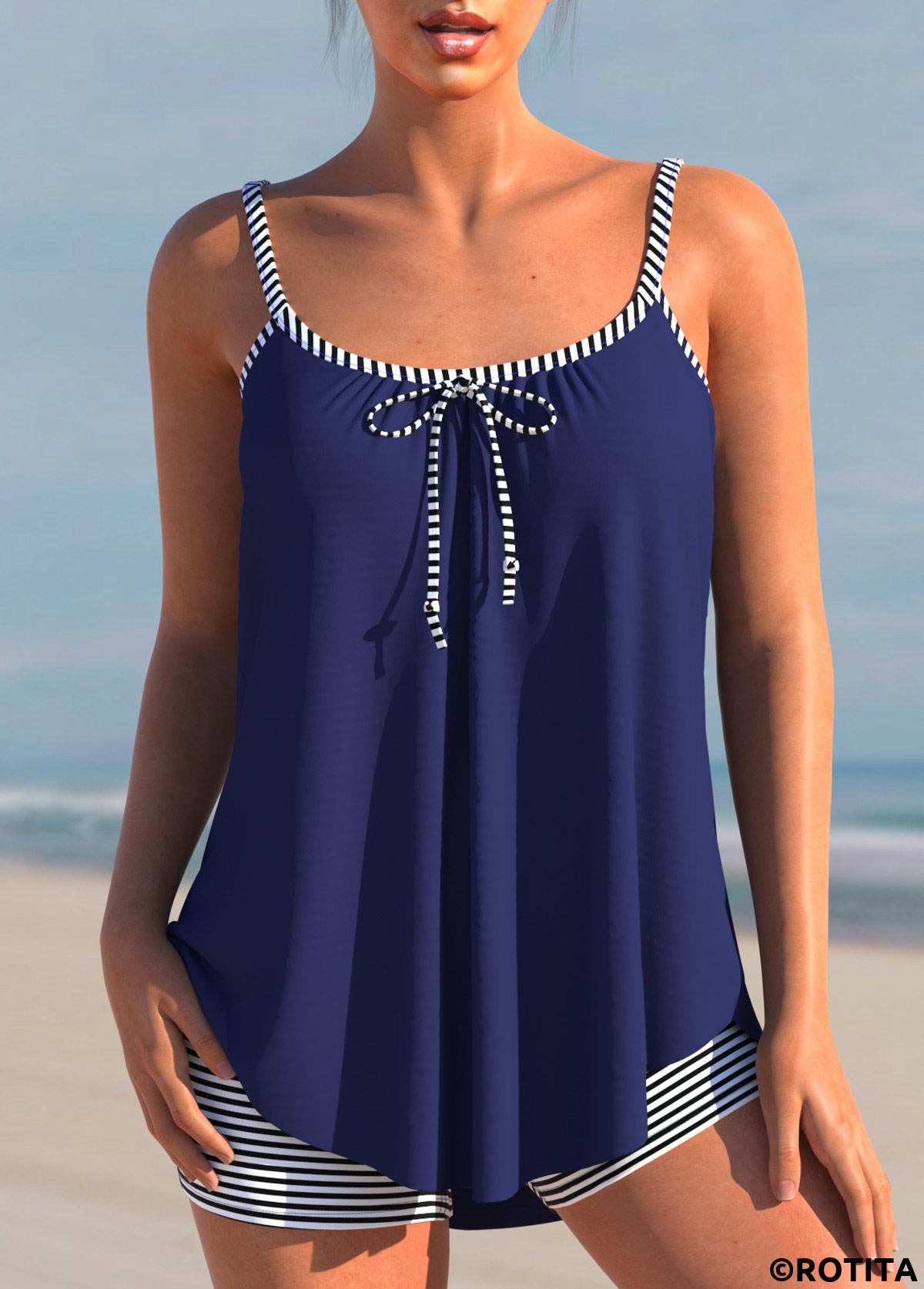 Navy swimwear,Striped swimwear,ROTITA Navy Blue Striped Bowknot Tankini Set
