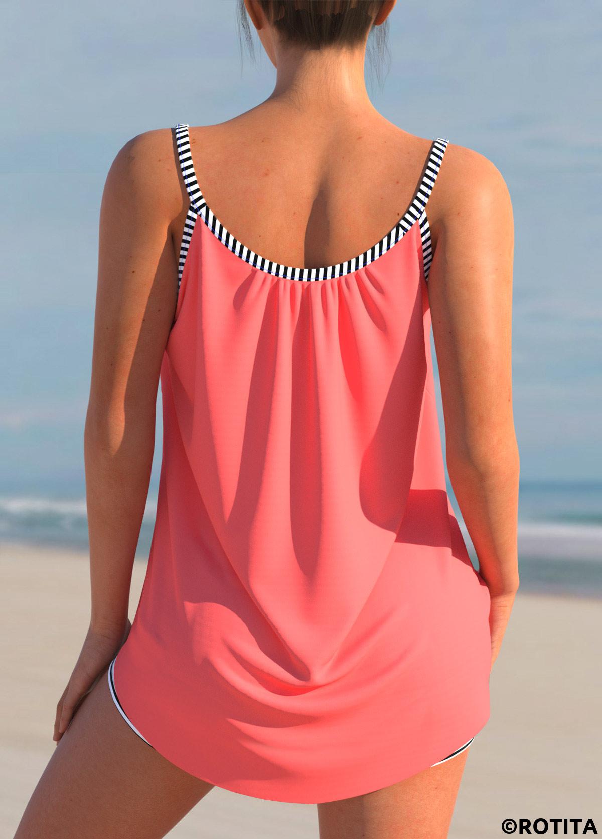 Coral swimwear,Striped swimwear,ROTITA Striped Coral Red Bowknot Tankini Set