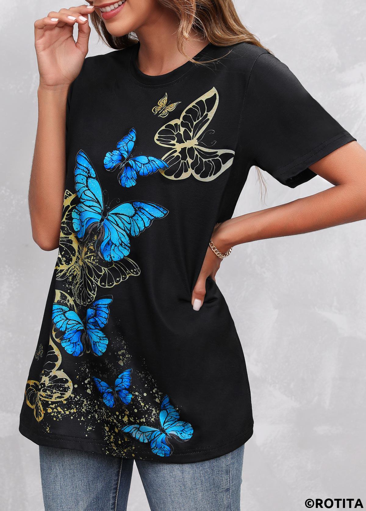 Black Round Neck Butterfly Print T Shirt