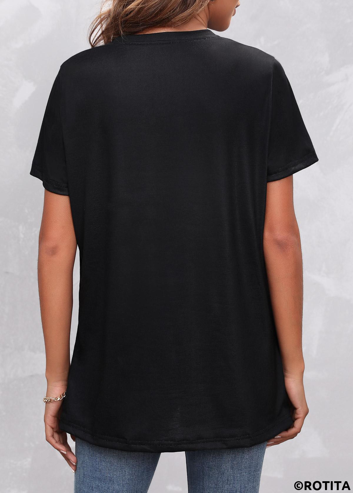 Black Round Neck Butterfly Print T Shirt