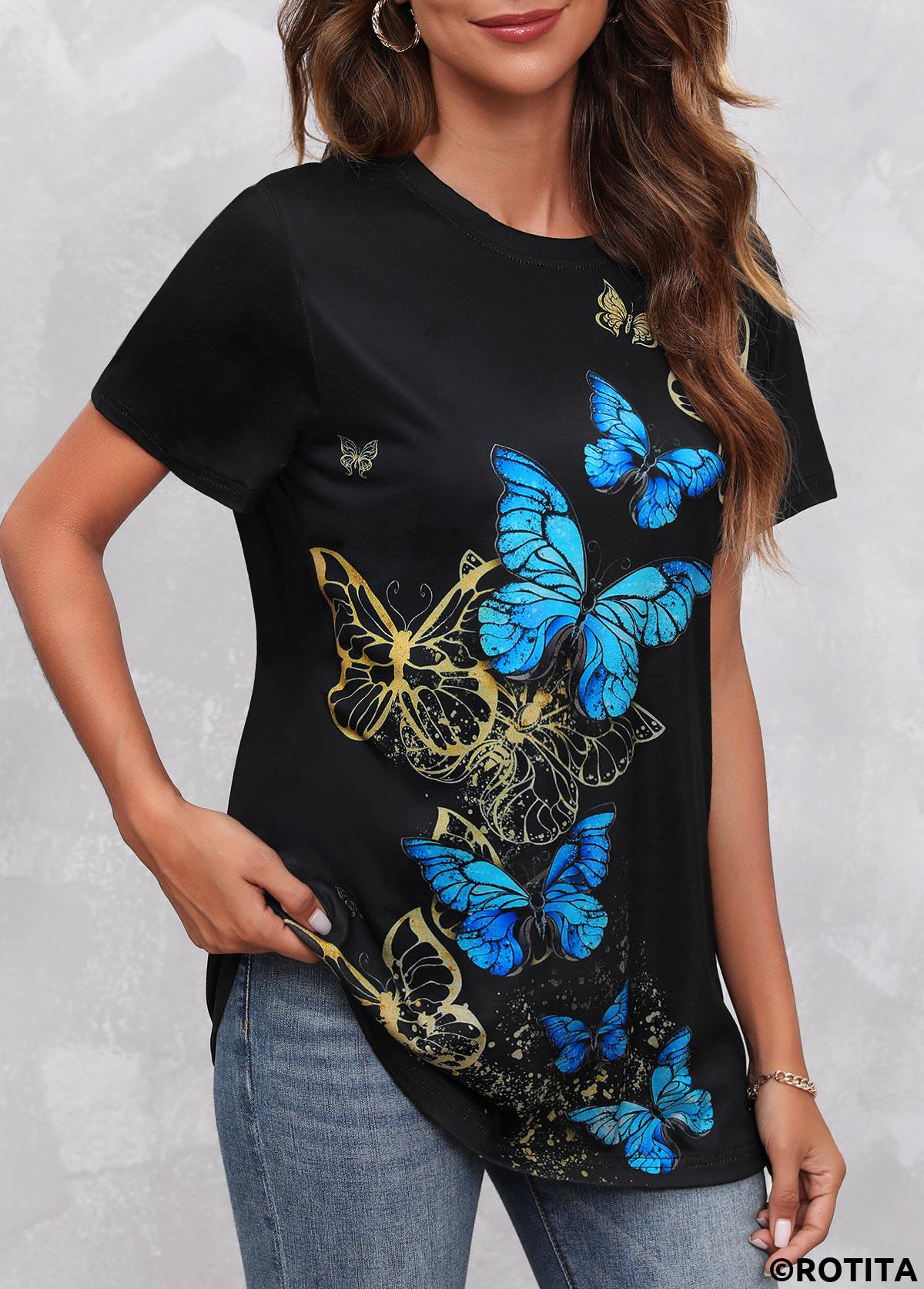 Black Round Neck Butterfly Print T Shirt