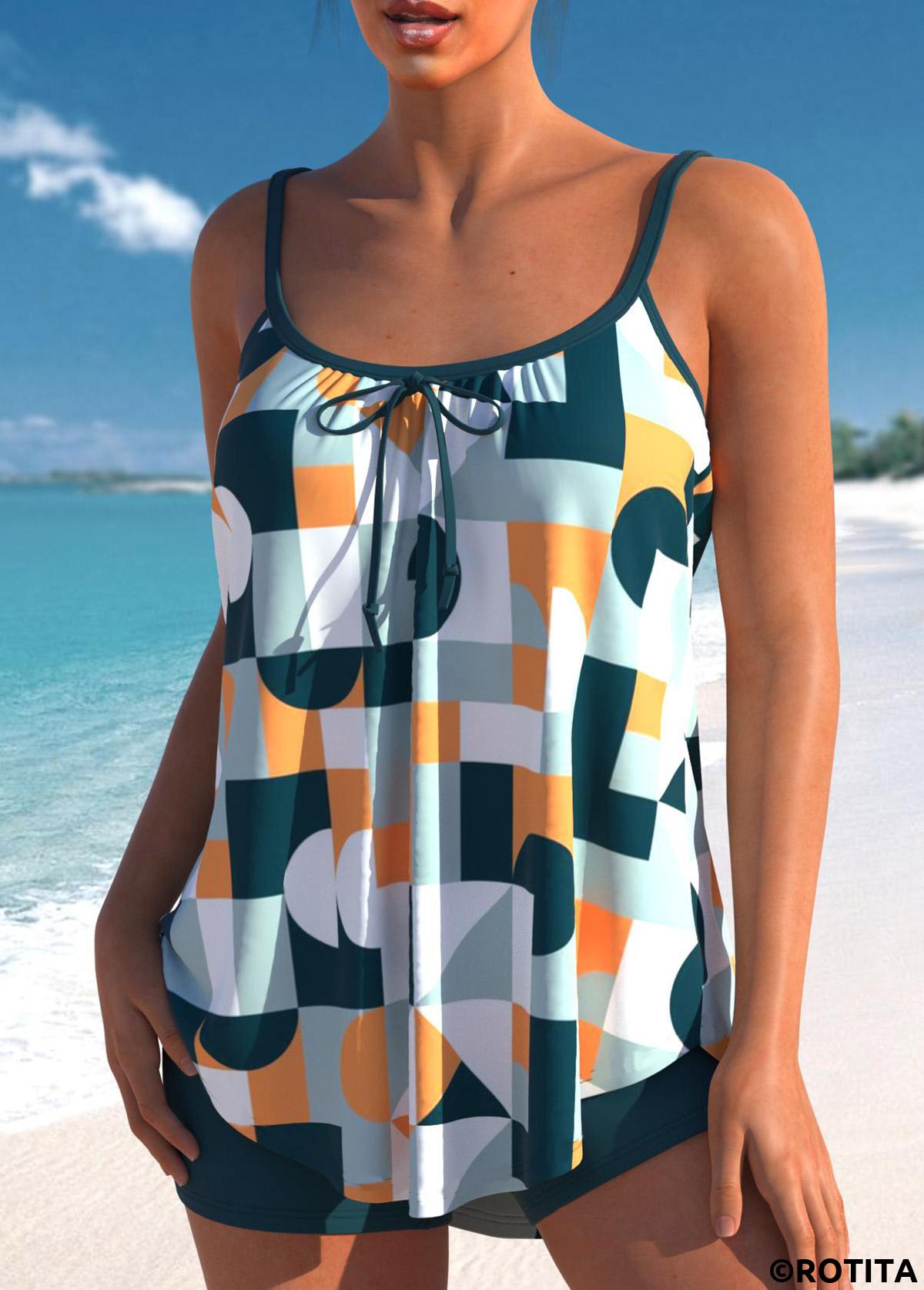 Rotita-Tankini-Set mit geometrischem Aufdruck und Schleife in Grün