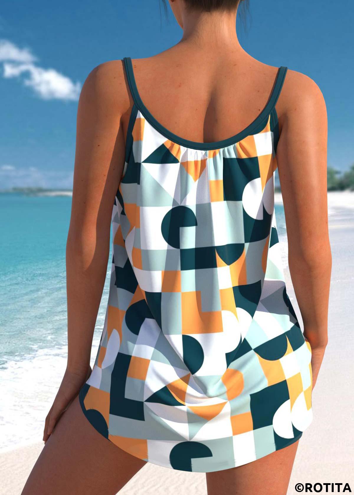 Rotita-Tankini-Set mit geometrischem Aufdruck und Schleife in Grün