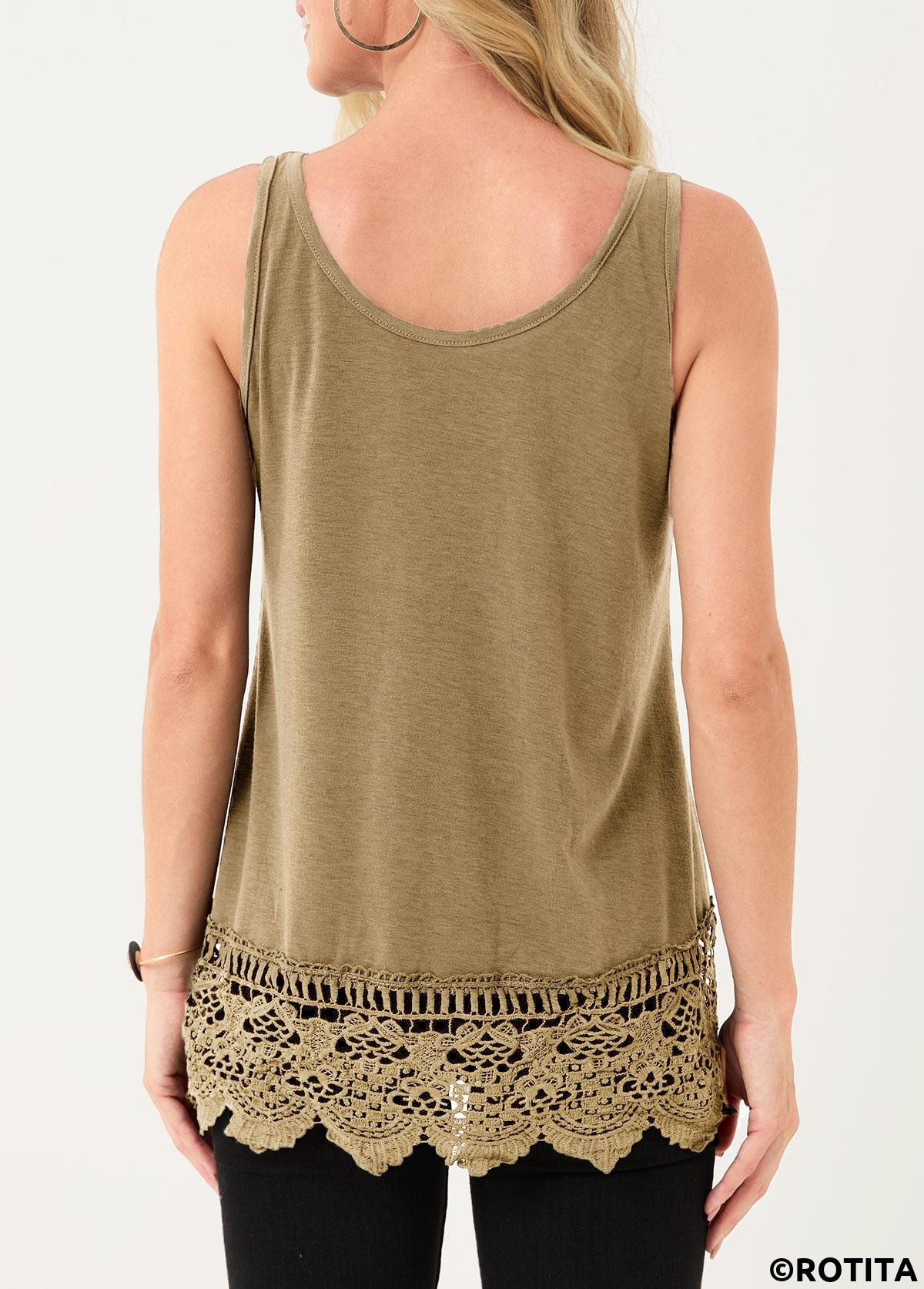 Light Camel tops,Plain Color tops,Lace Stitching Light Khaki Tank Top