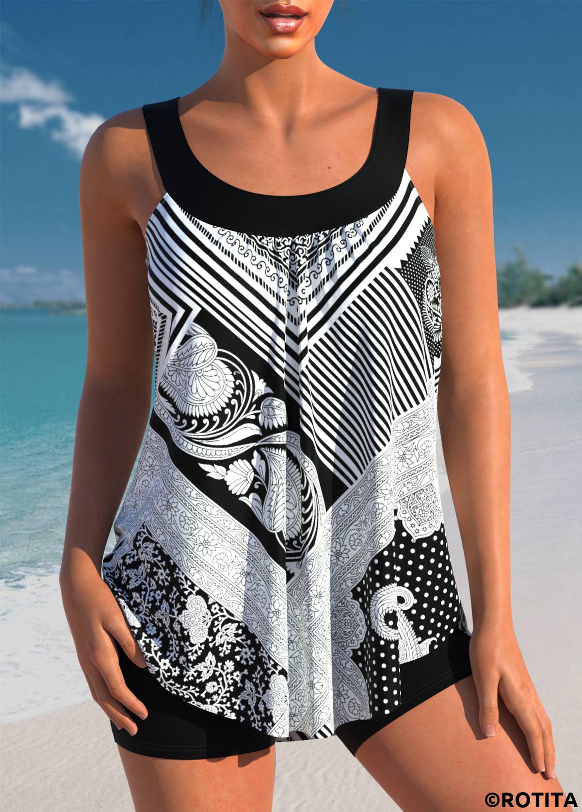 Tribal Print Black Striped Tankini Set