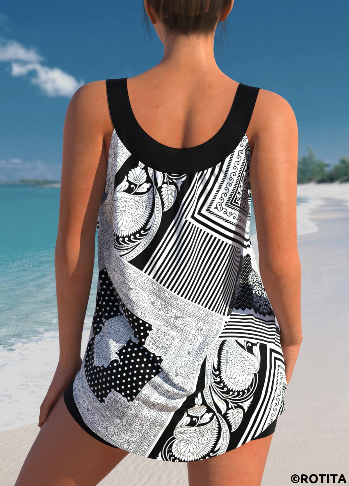 Tribal Print Black Striped Tankini Set