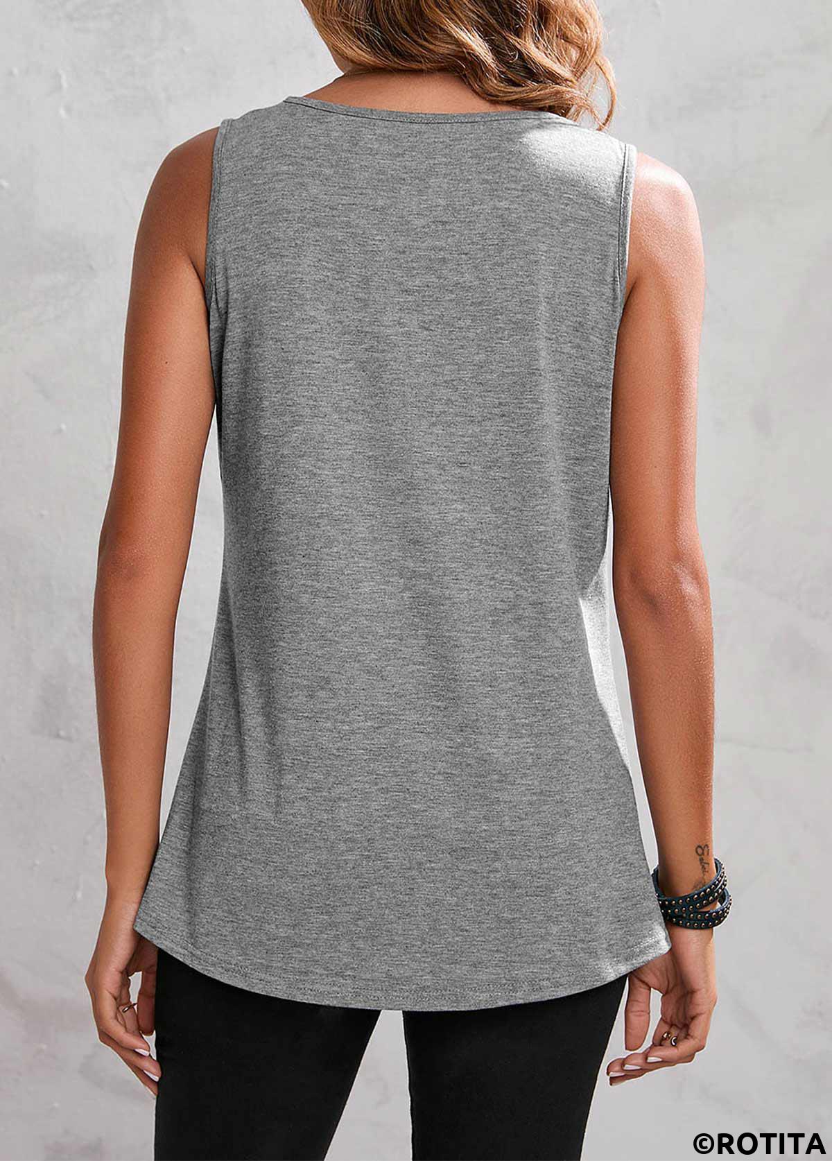 Grey tops,Contrast Color tops,ROTITA Grey Marl Round Neck Lace Stitching Tank Top
