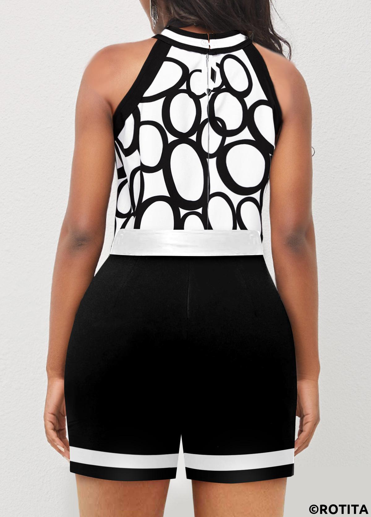 White jumpsuits&rompers,Geometric jumpsuits&rompers,ROTITA White Bib Neck Belted Polka Dot Romper
