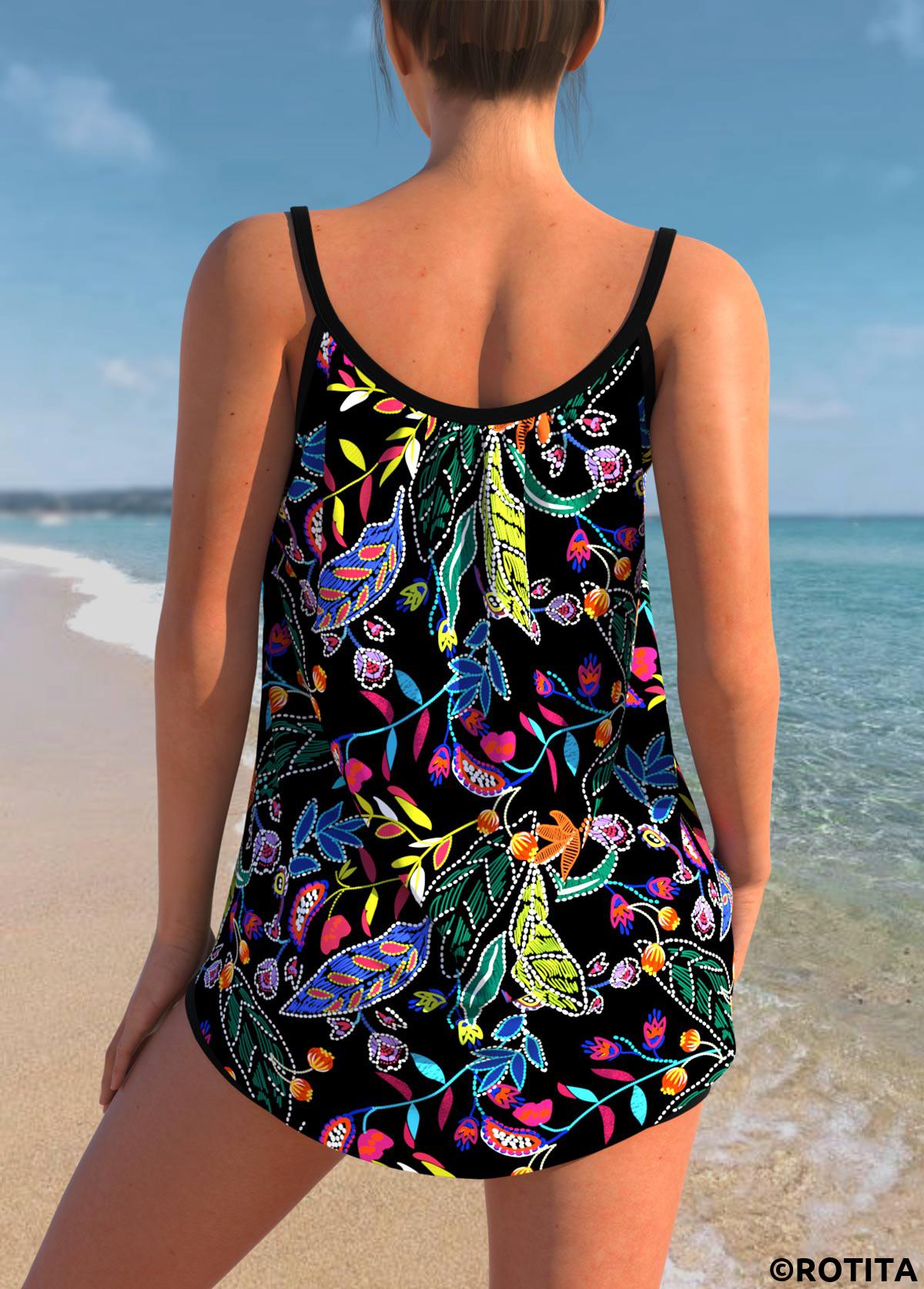 Black swimwear,Floral swimwear,ROTITA Black Spaghetti Strap Floral Print Tankini Top