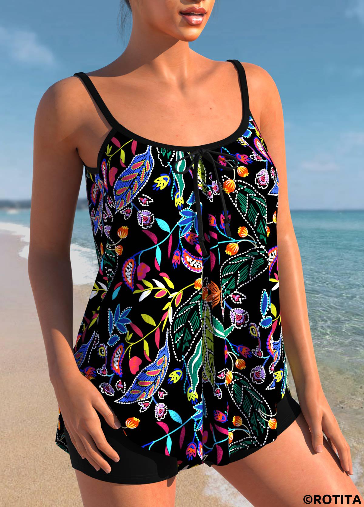 Black swimwear,Floral swimwear,ROTITA Black Spaghetti Strap Floral Print Tankini Top