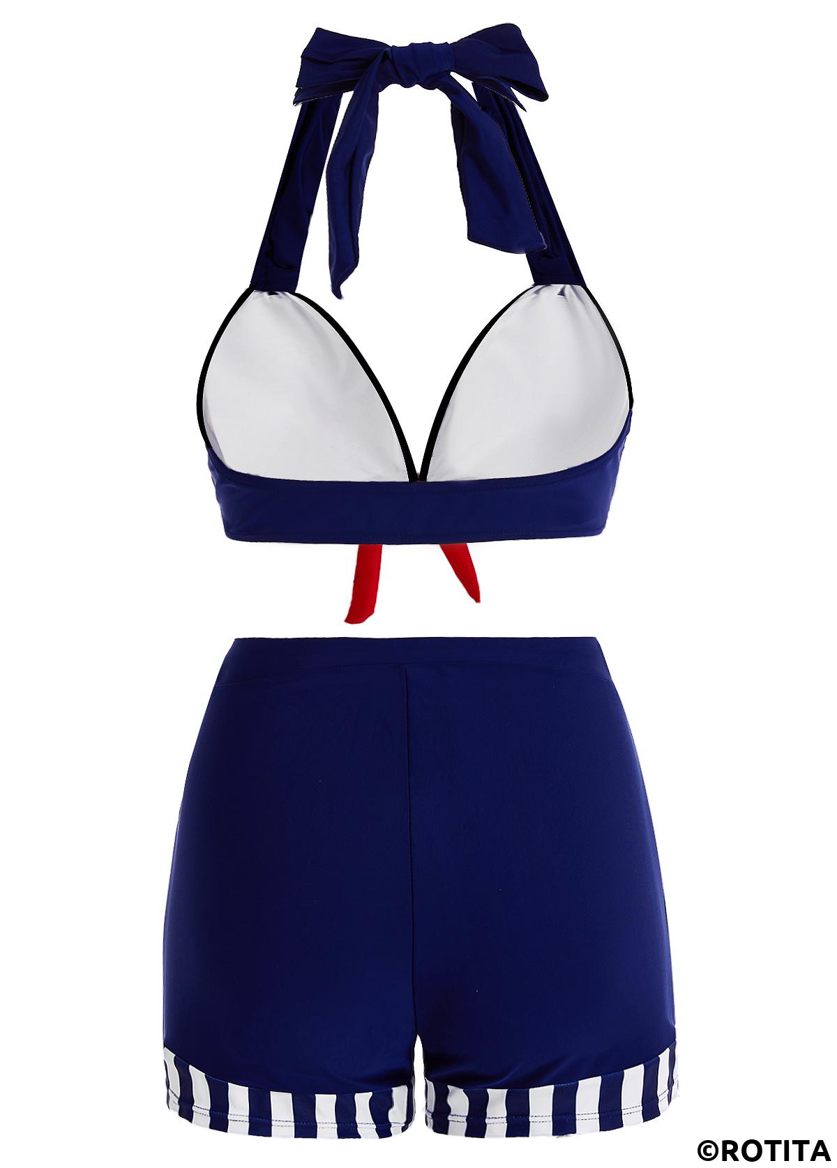 Navy swimwear,Striped swimwear,ROTITA High Waisted Navy Bowknot Bikini Set