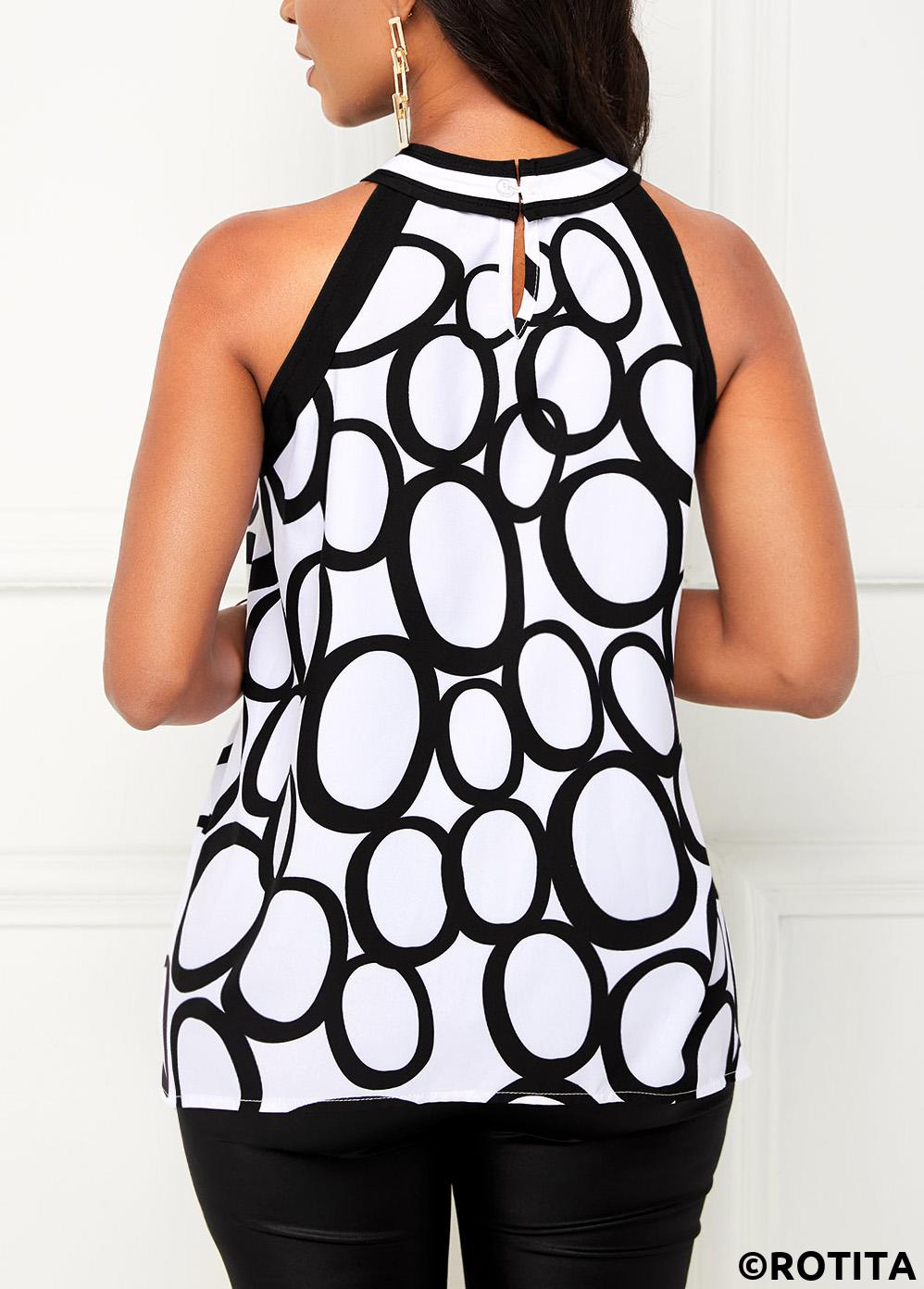 White tops,Geometric tops,ROTITA Circle Print Bib Neck White Tank Top